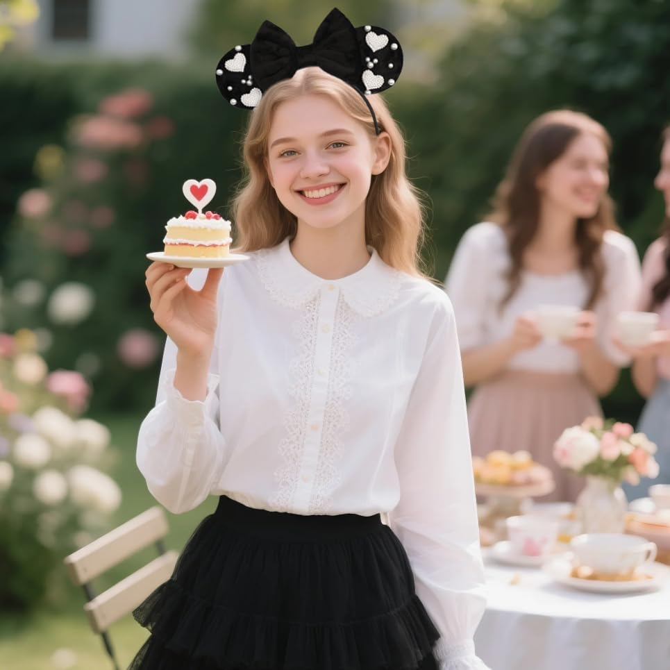 Bianbaistar Black Velvet Bow Mouse Ears Headband with Pearl Heart Accents - Elegant Hair Accessory for Parties, Dates & Special Occasions