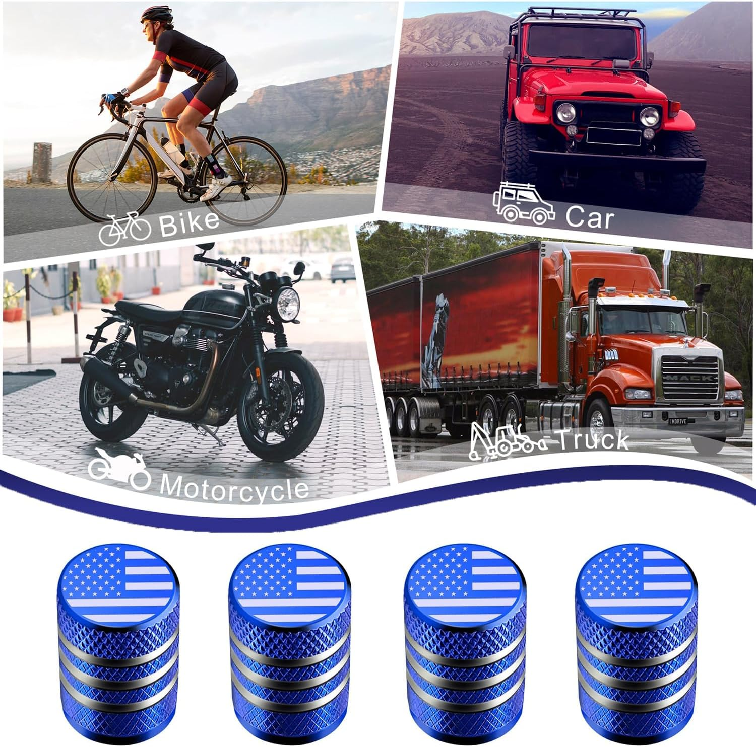 Blue Valve Stem Covers Aluminum Tire Valve Caps with Plastic Liner American Flag Valve Stem Caps, Corrosion Resistant, Universal for Car Truck Motorcycle Bike (4 Pack) - Black image number 5