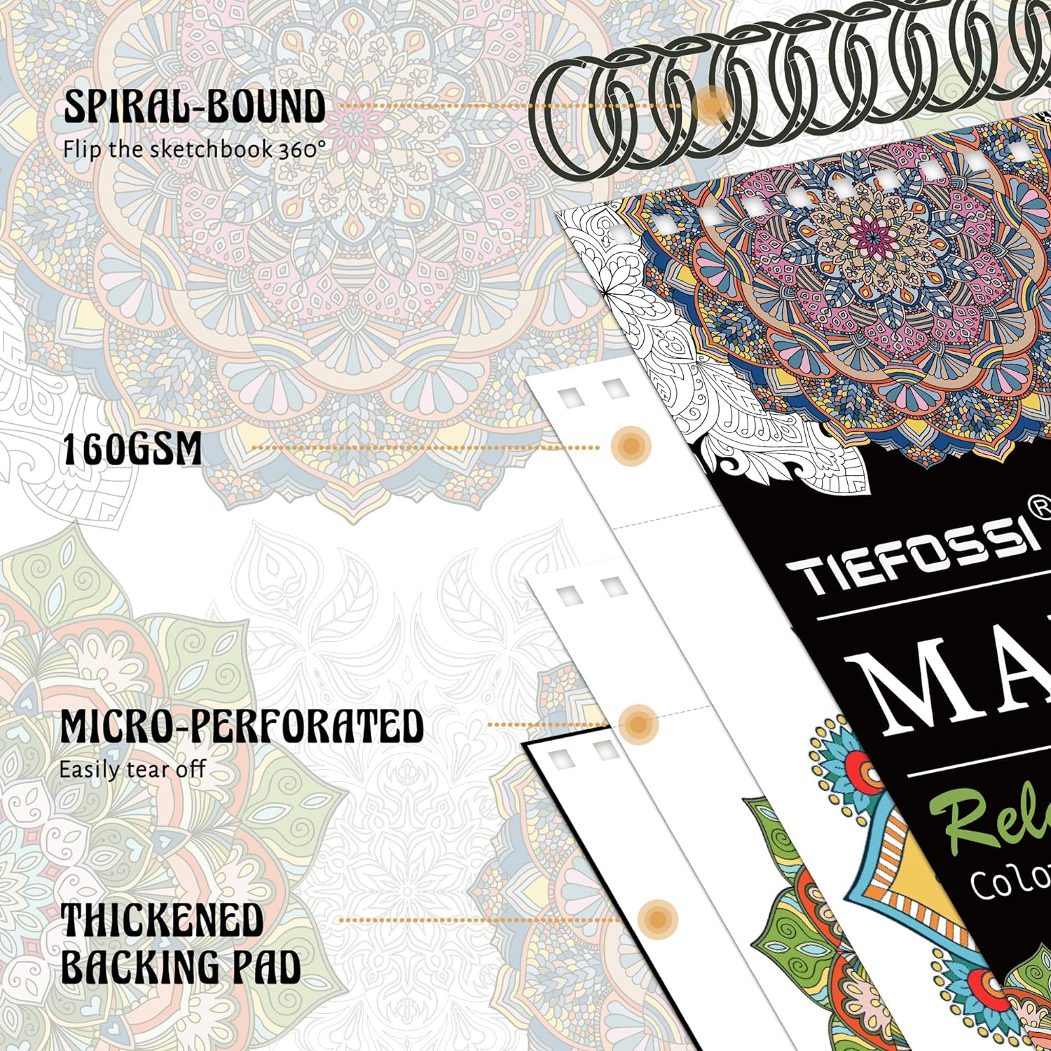 TIEFOSSI Relaxing Coloring Book, Relieving Mandala Style Pattern for Anxiety Relief, 160 GSM 60 Original Tearable Mandala Patterns and Designs for Women Men image number 5