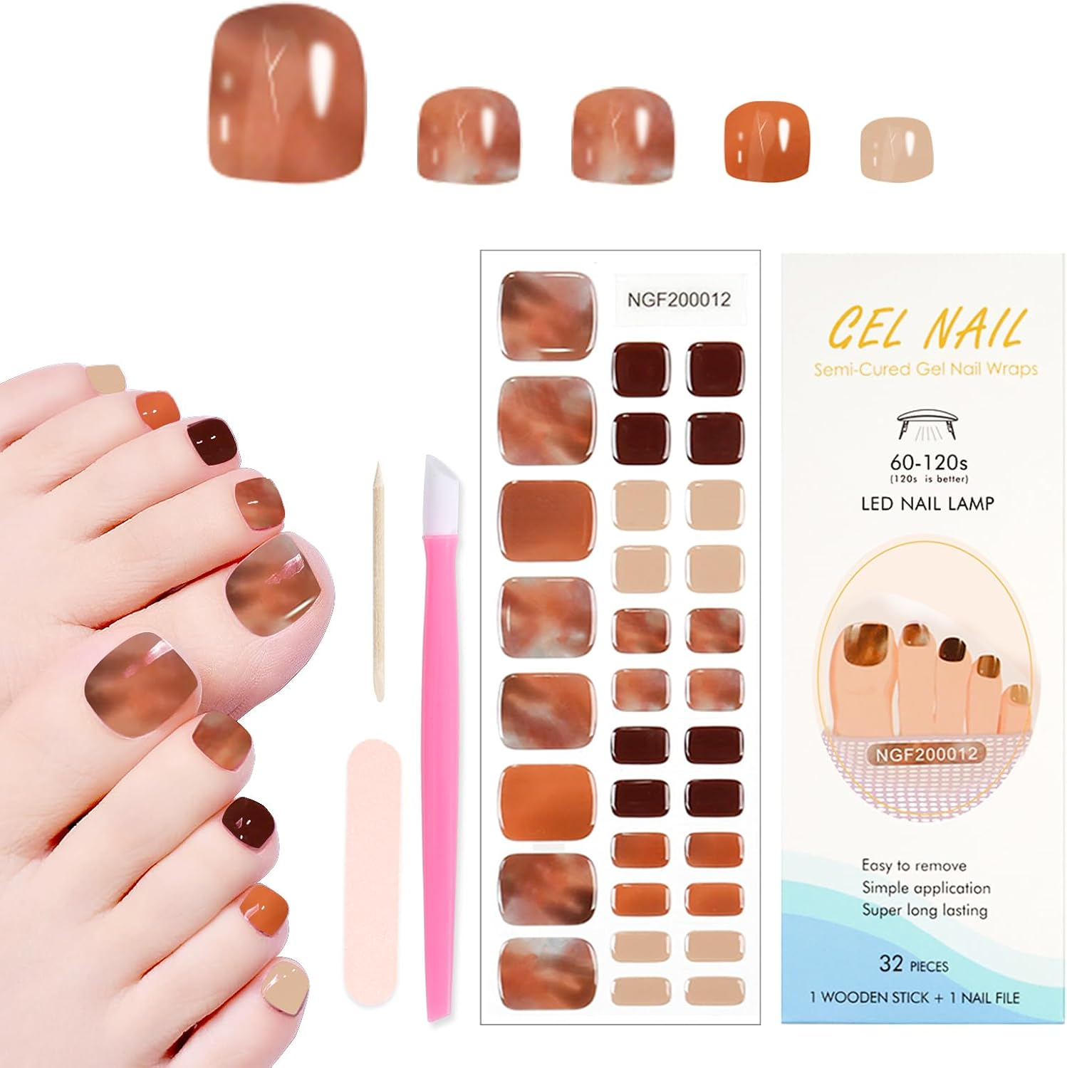 JERCLITY 1 Sheet 32Pcs Sea Wave Semi Cured Gel Toenail Strips, Toenail Wraps, Gel Pedicure Strips, Needed LED Lamp to Cured,1 Nail File,1 Wooden Cuticle Stick, 1 Plastic Press Stick