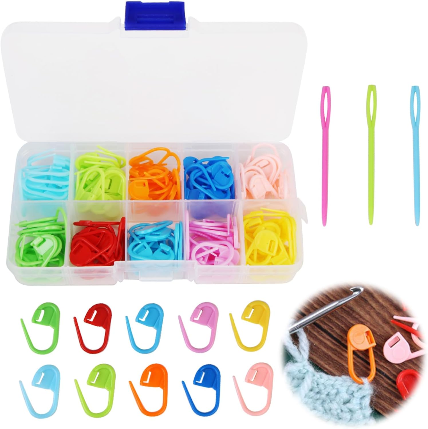 120-Piece Stitch Markers for Knitting & Crochet &ndash; 10 Vibrant Colors with Storage Box & 3 Bonus Plastic Needles &ndash; Durable Non-Slip Marking Rings for Yarn Crafts (2.2 Cm) image number 3