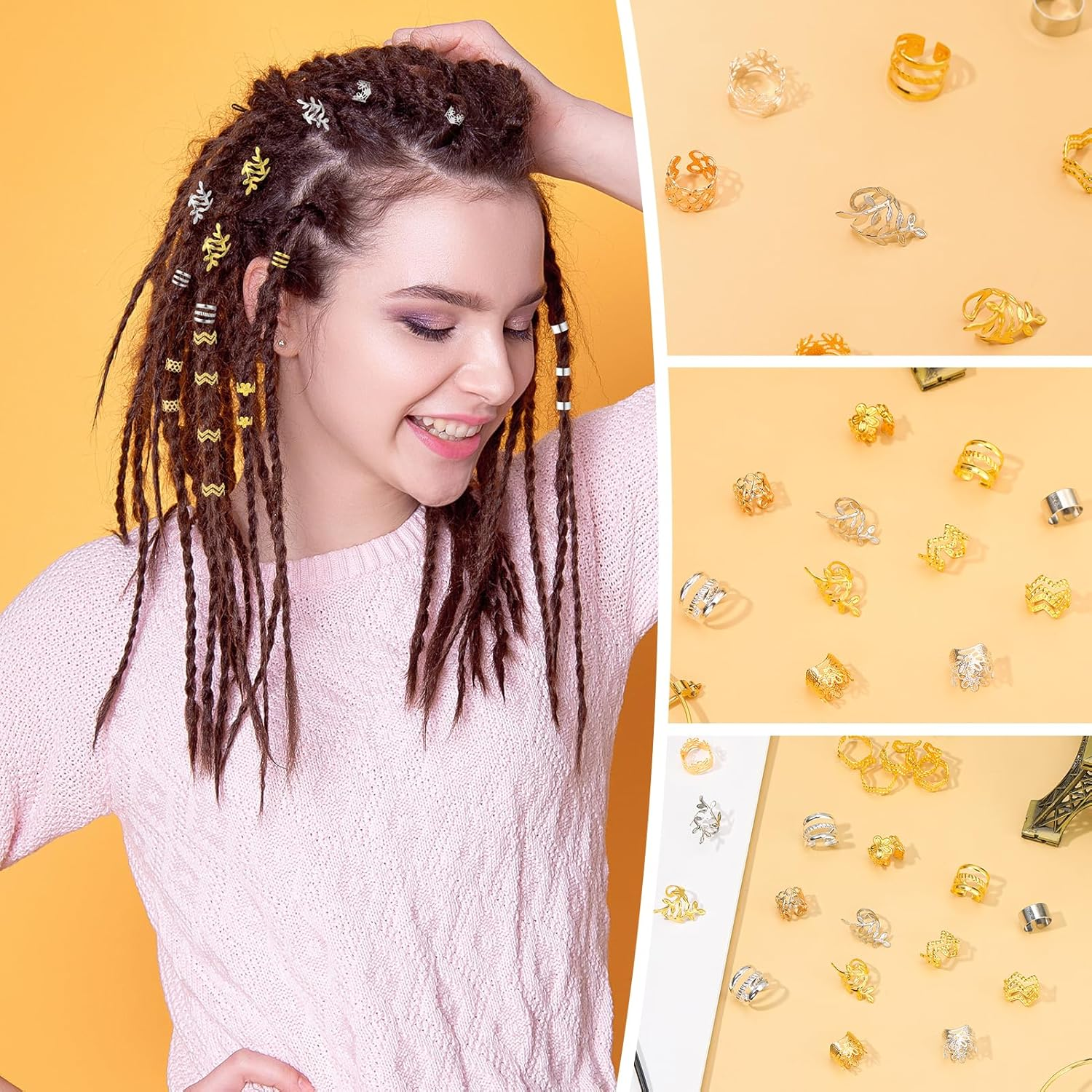 Dusaniyali 100 Piece Dreadlocks Jewellery Set Hair Accessories Pirate Hair Rings Silver and Gold Pirate Hair Accessories Braids Accessories with Rubber Bands Storage Box for Braids Hair image number 1