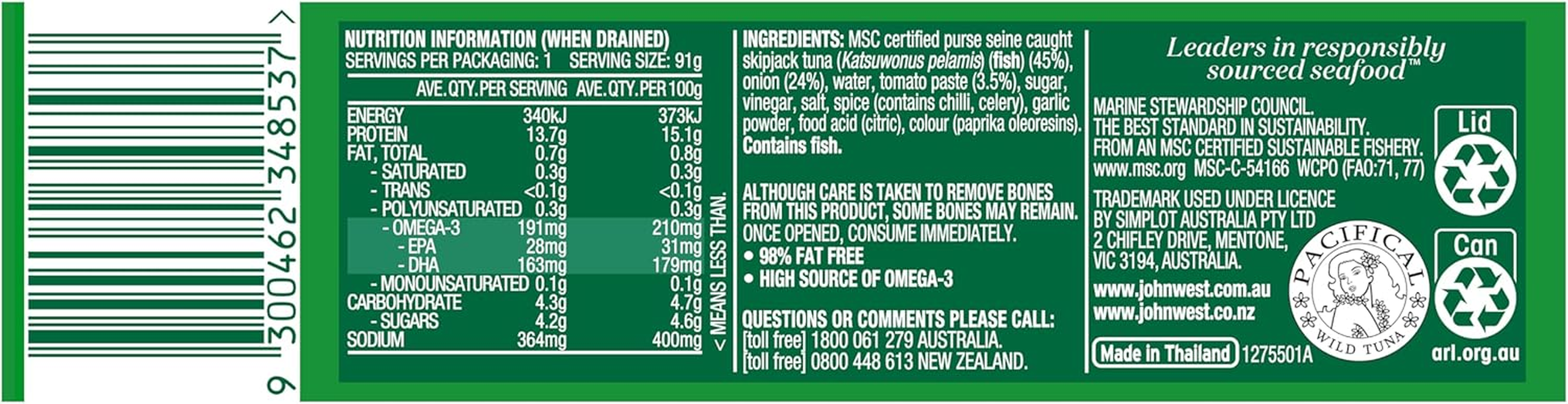 John West Light Onion and Tomato Tuna Tempters Canned Food 98% Fat Free 95 G image number 2