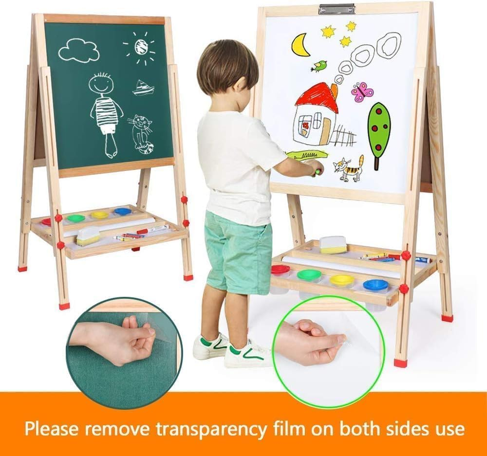 Wooden Art Easel for Kids, Double Sided Kids Easel with Whiteboard & Chalkboard, Height Adjustable Drawing Stand Kit for Kids with Painting Accessories, Education Supplies for Boys and Girl image number 3