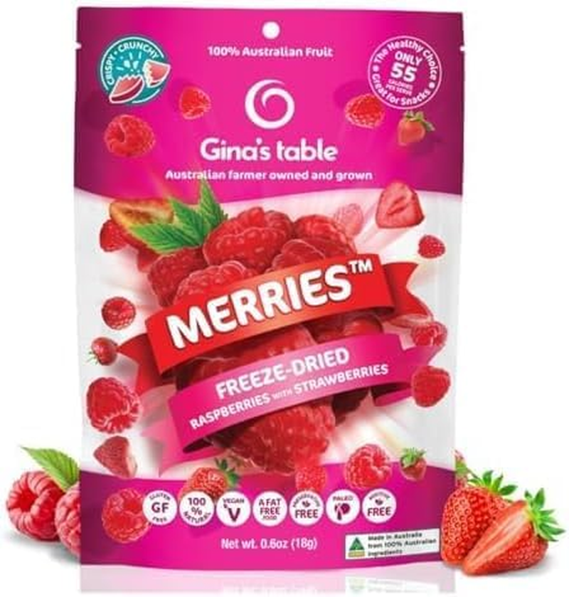 Gina&rsquo;S Table Merries &ndash; Freeze Dried Raspberries & Strawberries &ndash; Healthy Fruit Snack for Everyone, 100% Australian Farm Fruit, No Added Sugar, Rich in Antioxidants & Fibre, Low Calorie, Vegan &ndash; 10 X 18G Value Pack image number 5