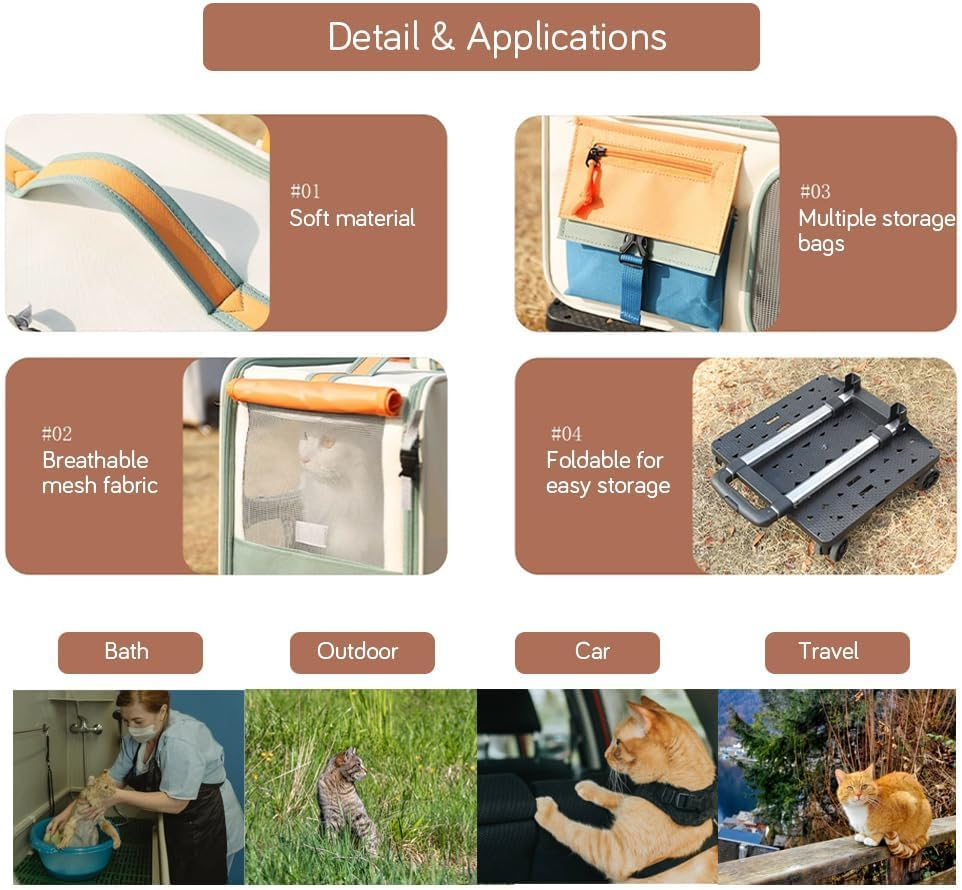 Extra Large Pet Carrier with Wheels, 42X36X27Cm Collapsible Soft-Sided Cat & Small Dog Carrier (Up to 15Kg), Travel Carrier with Telescopic Handle for Car, Airplane, Walking image number 2