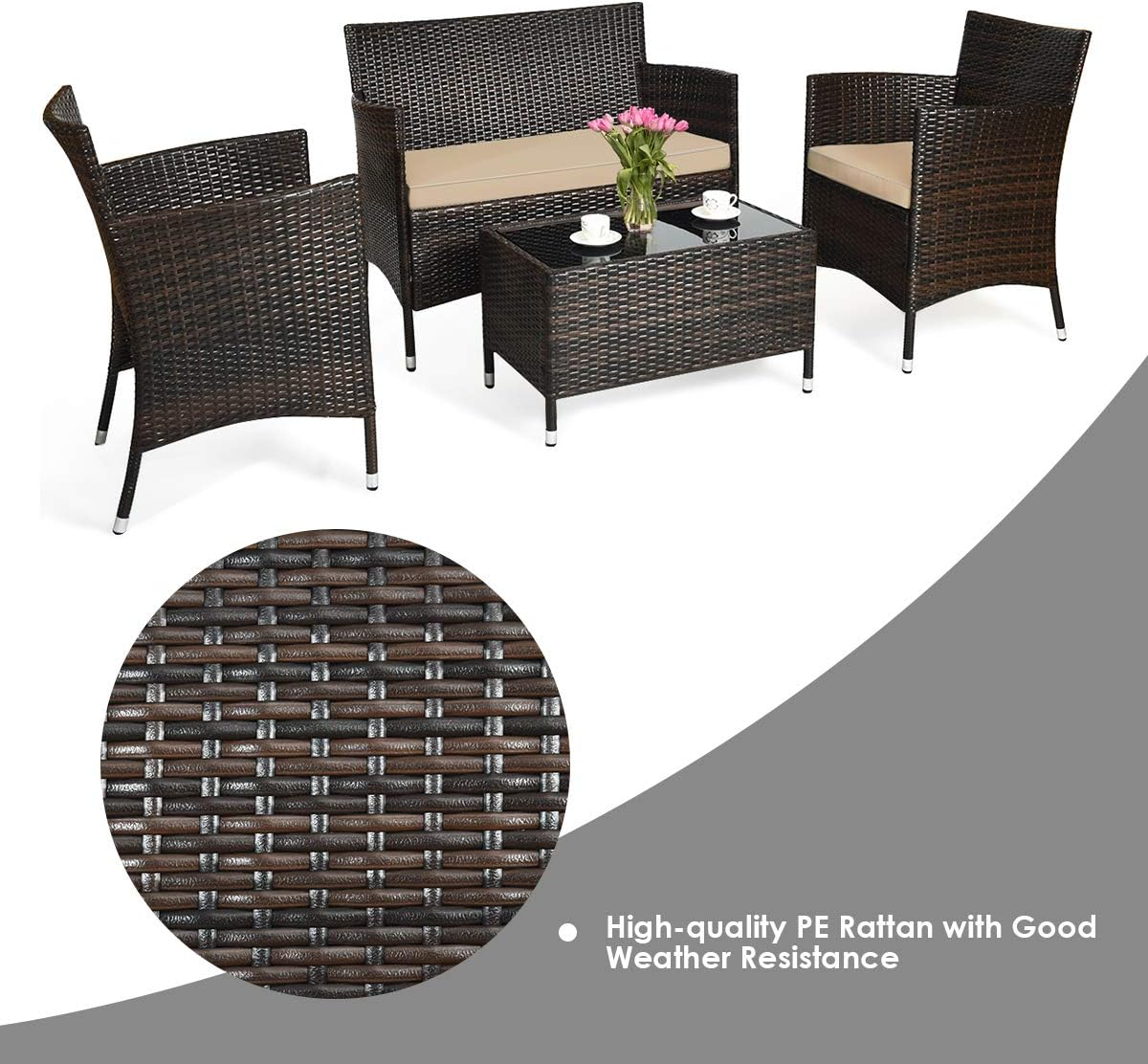 Costway 4 Pieces Outdoor Patio Furniture Set, PE Rattan Wicker Conversation Set with Tempered Glass Coffee Table and Cushions, Outdoor Sectional Sofa Set for Garden, Poolside and Backyard image number 4