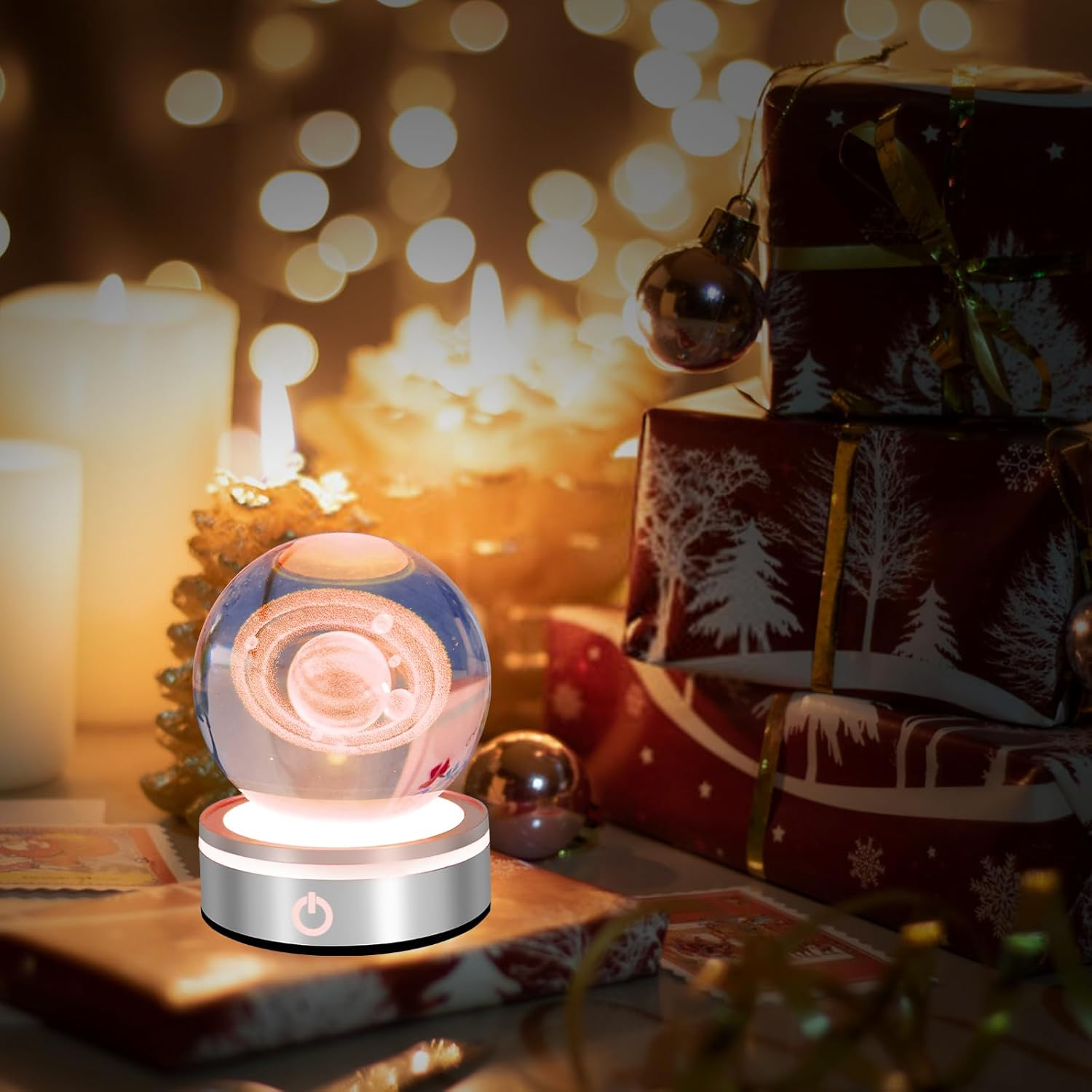 Crystal Ball Night Light, 3D Engraved Space Crystal Ball with Colorful Light Base, Portable Crystal Ball Night Lamp, Decorative Galaxy Globe Lamp, Crystal Display Sculpture for Home Decor (Saturn) image number 3