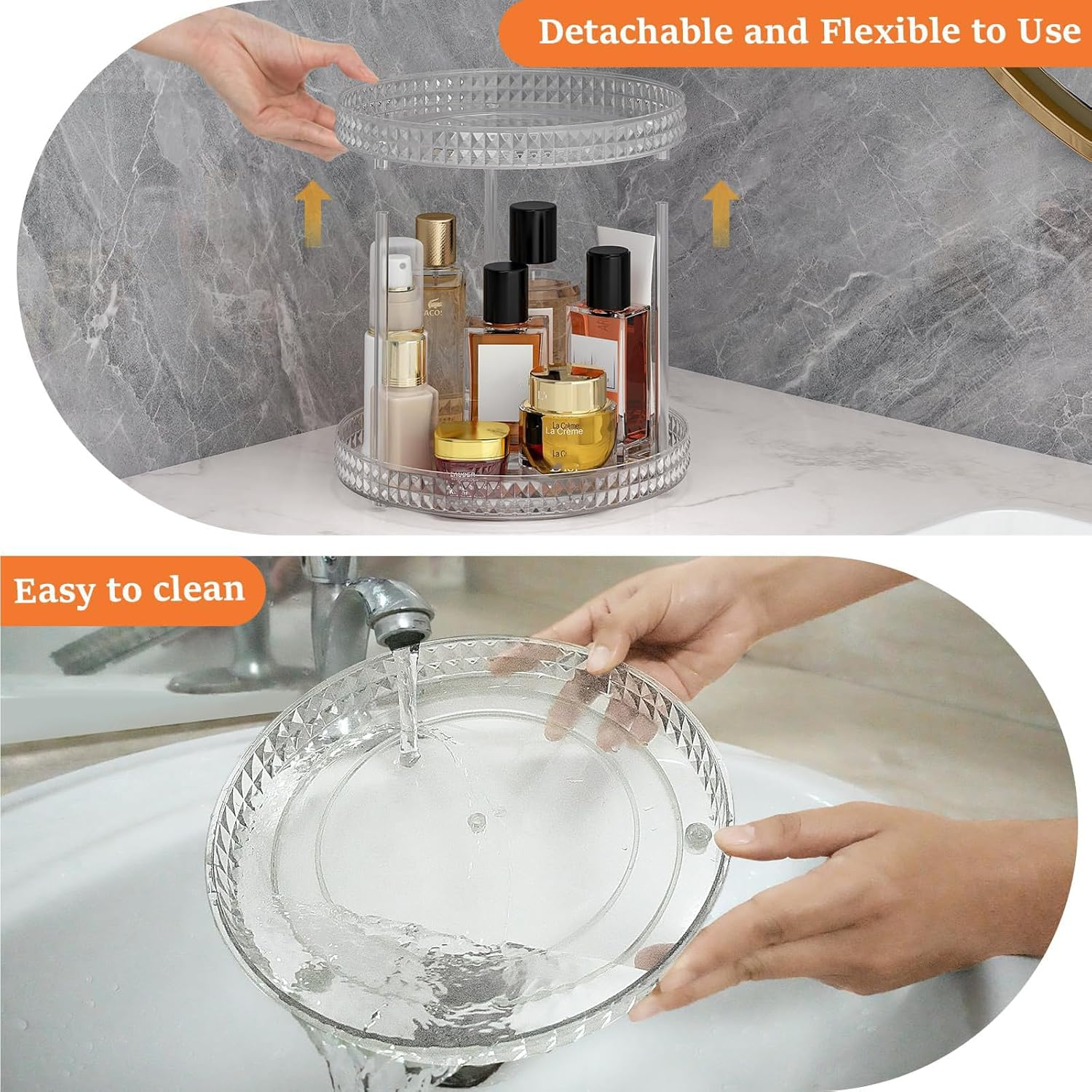 ROWNYEON Rotating Makeup Organizer 2 Tier Skincare Organiser Lazy Susan Bathroom Organiser Perfume Organiser Spinning Cosmetics Organizer for Vanity，Cabinets, Pantry, Fridge, Countertops，Kitchen image number 3