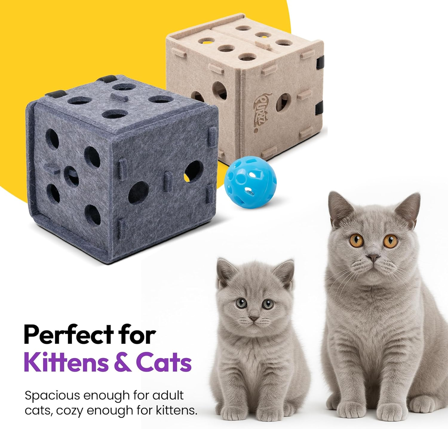 PURRZ Dice-Shaped Felt Cat Toy &ndash; Interactive Cube Play Box for Cats & Kittens &ndash; Durable Polyester Felt with Paw Holes & Internal Bell Ball, Puzzle Toy for Cats (Grey) image number 4