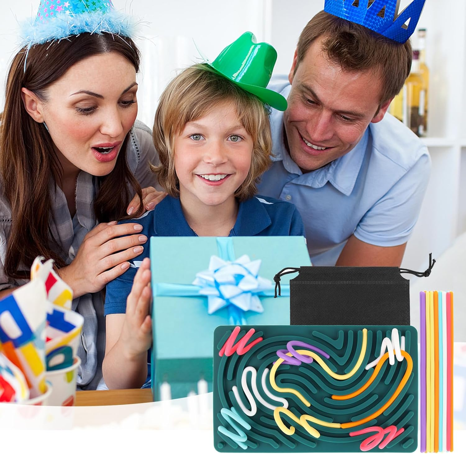 Sensory Fidget Toys for Kids Adults, Double-Sided Silicone Activity Busy Board for Stress Relief, Calming, Focus, Autism and ADHD, Travel Toys with Portable Bag & 20 Strings (Square) image number 1