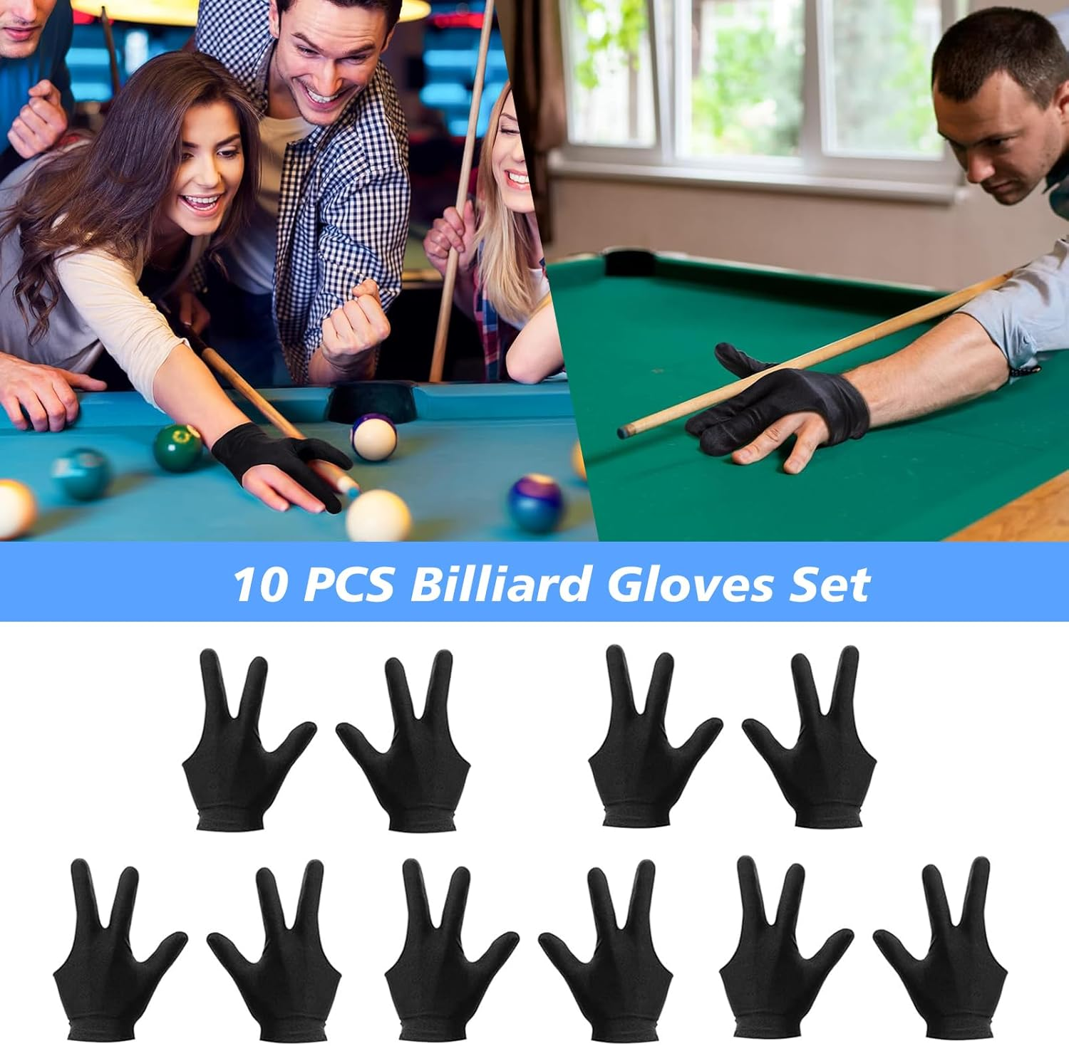 10 PCS Billiard Gloves Set, Snooker Pool Cue Shooter Sport Gloves, Three-Finger Half Glove for Men & Women, Breathable & Smooth Grip, Premium Billiard Gloves for Professional & Amateur Players image number 6