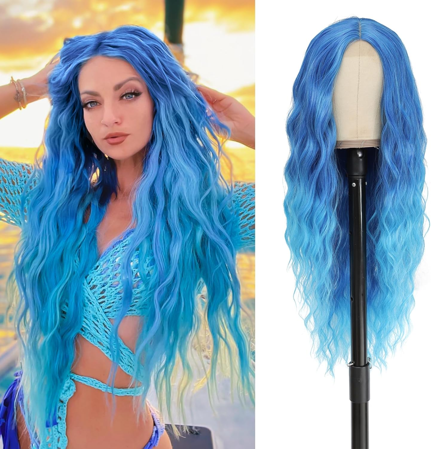 BUPPLER Cosplay Long Cyan Wig 28 Inch Middle Part Synthetic Wig Realistic Gifts Party Wigs for Women Daily Use Colourful Wigs (Cyan)