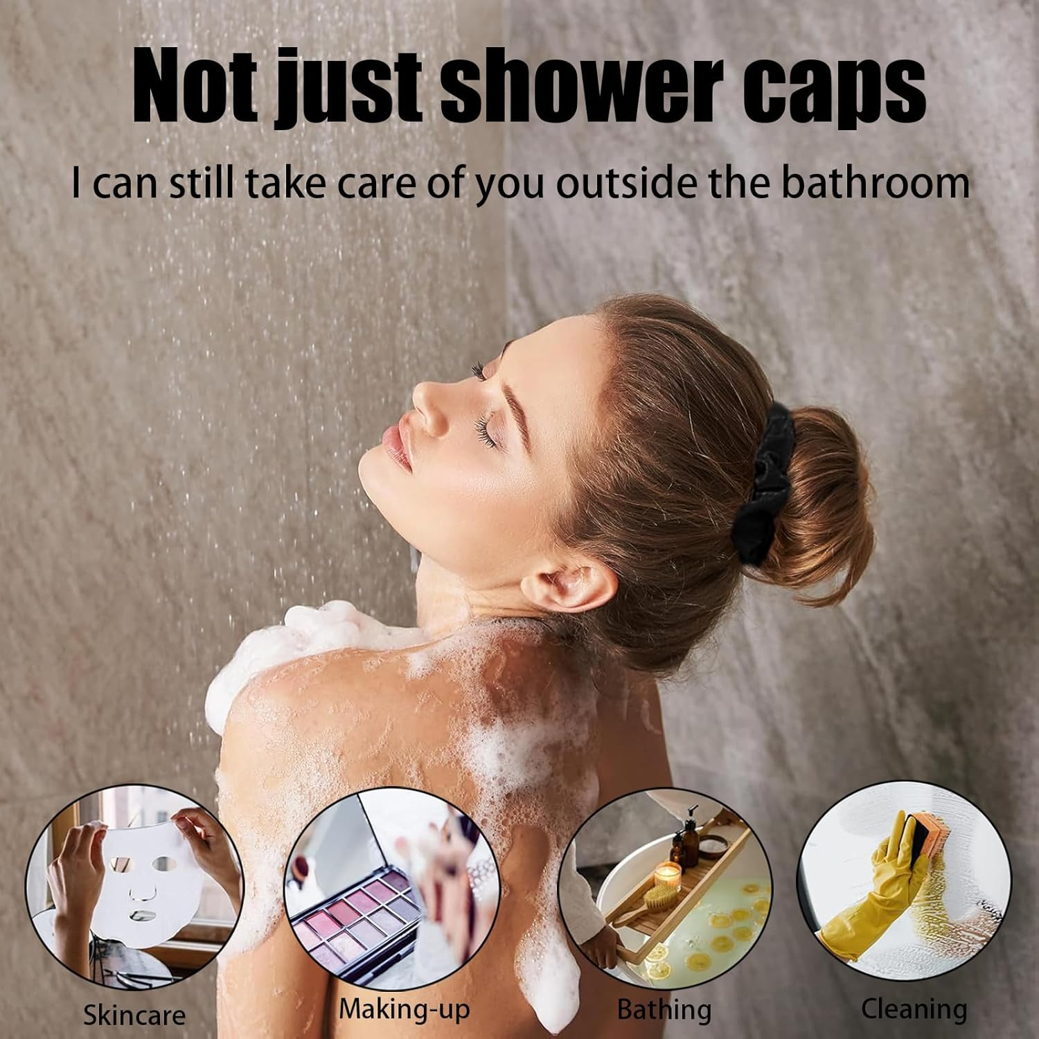 2 Large Shower Caps, Double-Sided Shower Cap, Large Waterproof Shower Cap with Elastic Band, Reusable, Washable, Pink and Black image number 6