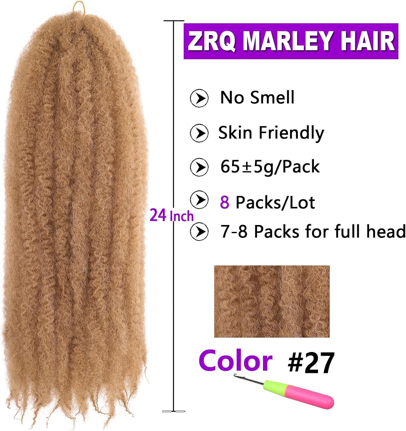 ZRQ Marley Twists Braiding Hair 24" 27 Afro Kinky Marley Hair Crochet Braids 8 Packs Synthetic Twist Crochet Hair for Curls (24", 27#) image number 3