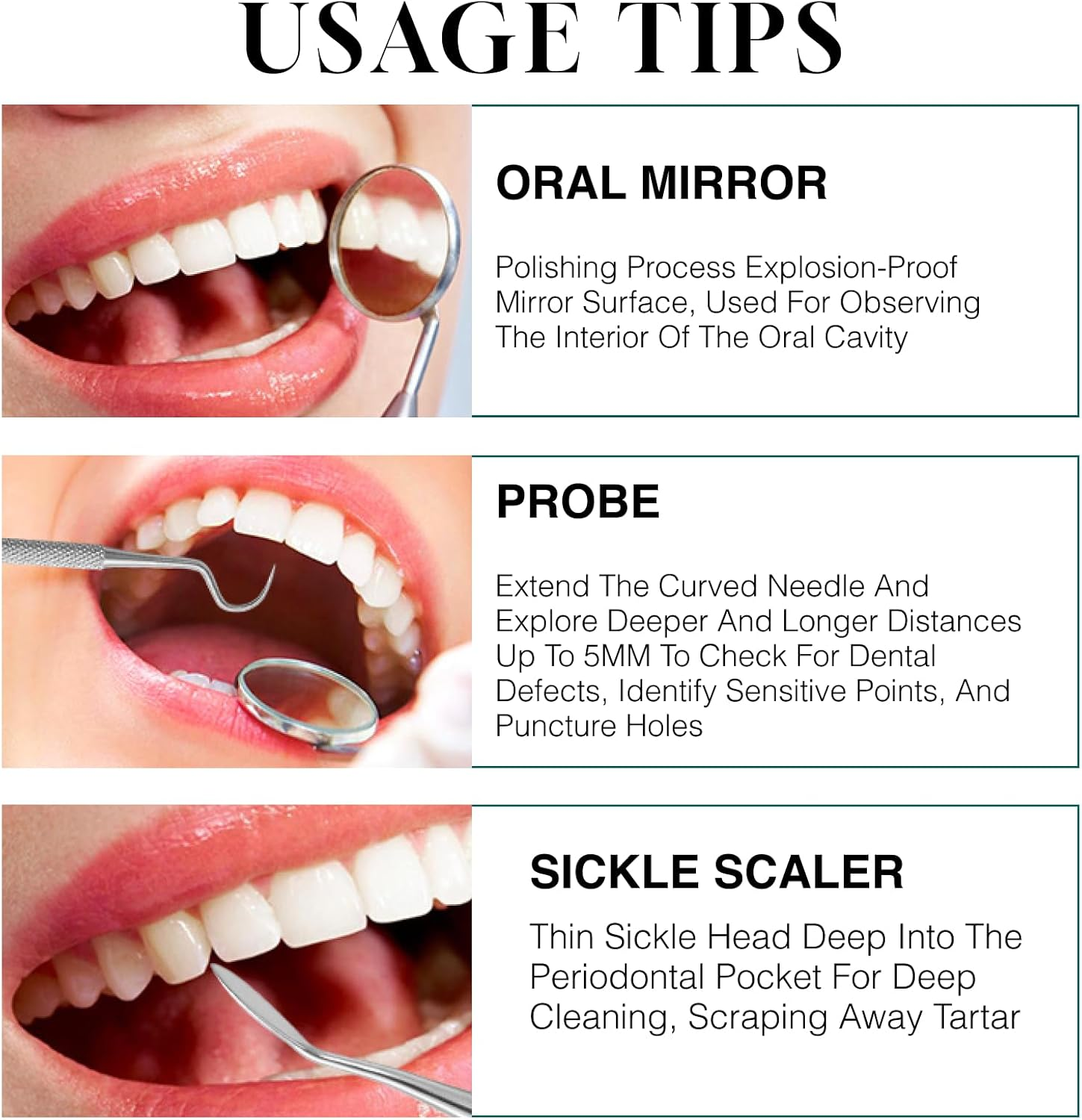 Professional Dental Cleaning Tools Kit, 6 Pack Stainless Steel Teeth Cleaning Tools, Includes Dental Mirror, Dental Picks, Tartar Scraper, Plaque Remover & Tonsil Stone Remover for Home Dental Care image number 3