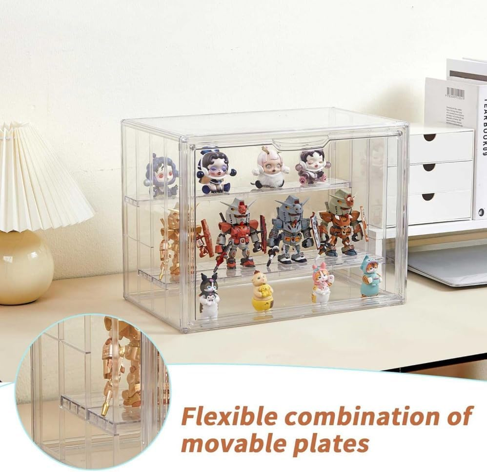 1 Pcs Clear Acrylic Display Case for Collectibles,Cartoon Doll Organizer,Dustproof Display Case Stackable Clear Acrylic Display Box with Movable Panels for Toys,Sports Memorabilia,Wallets,Books Etc.