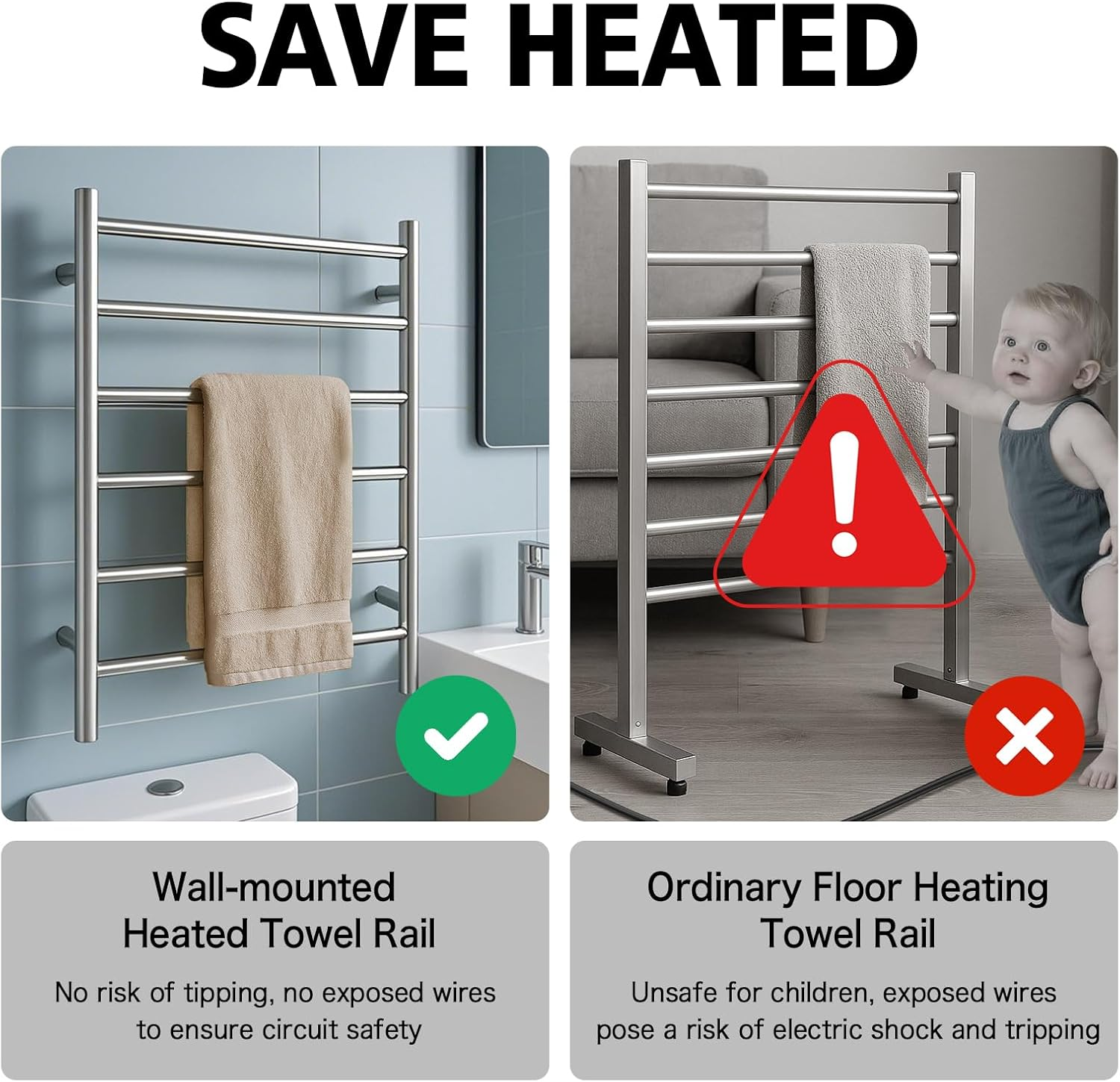 Bathroom Heated Towel Rail 6 Bars round Stainless Steel Electric Heated Towel Energy-Saving Heated Towel Rack Holder Wall Mounted 70W SAA Certificate (Chrome) image number 4