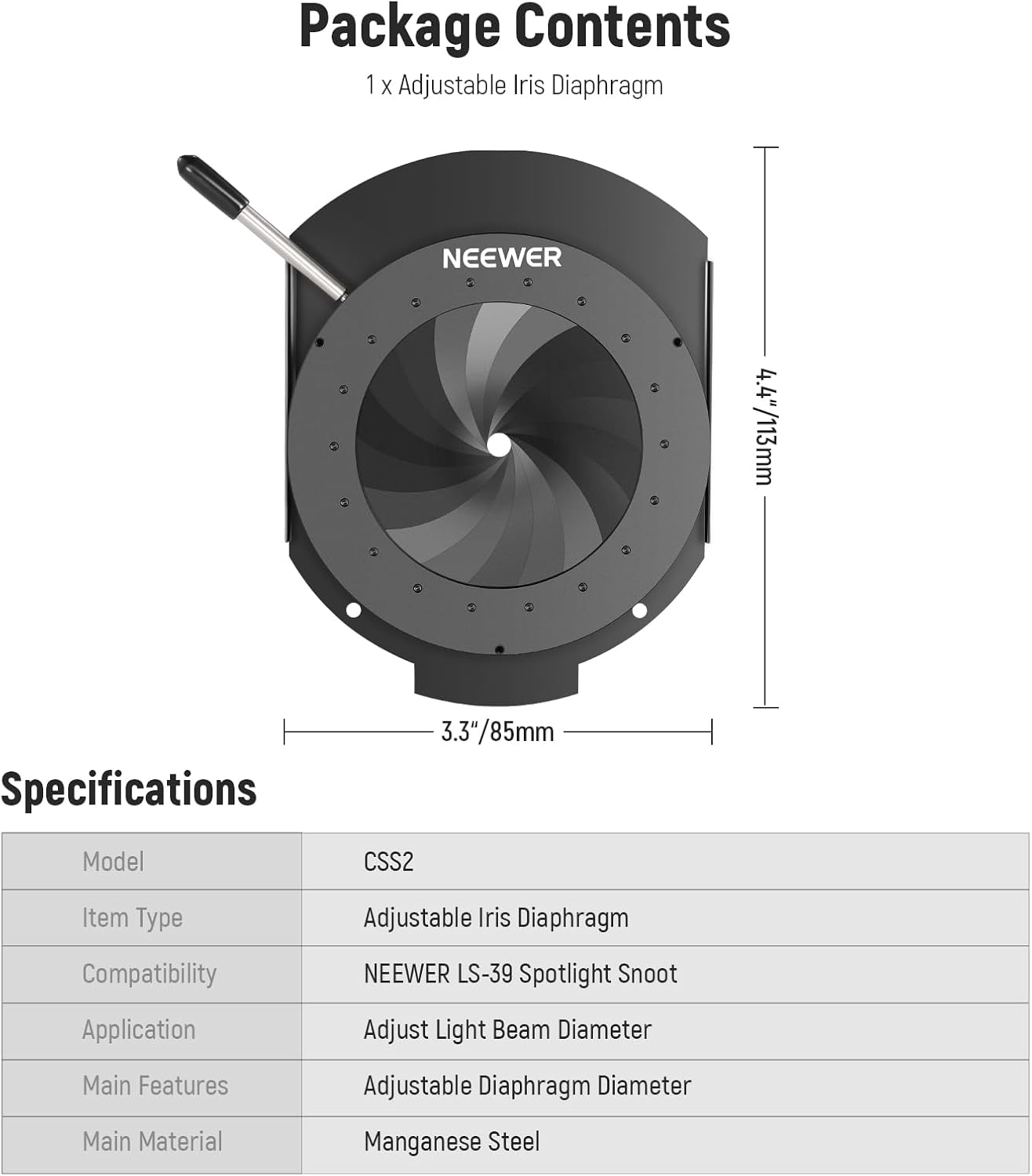 NEEWER Spotlight Mount Iris for NEEWER LS-39/LS-38/LS-48 Spotlight Snoot, 5-60Mm Aperture Diaphragm Adjustable Mount Control Optical Diaphragm Lens Accessory, High Temp Resistant Manganese Steel, CSS2 image number 6