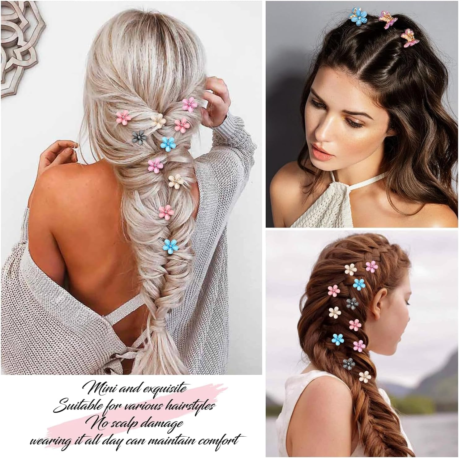 LAPLBEKE Pack of 10 Small Flower Hair Clips, Metal Glittering Side Clips for Girls Women, Cute Pink Hair Accessories (Blue) image number 5