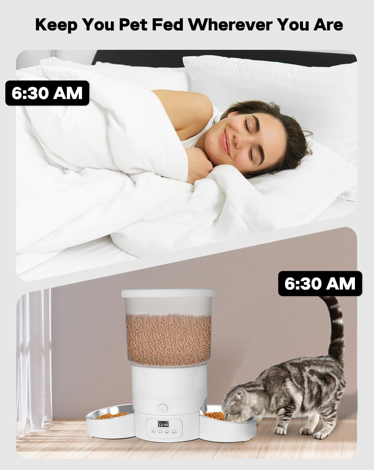 SURDY Automatic Cat Feeder for 2 Cats, 20 Cups/5L Automatic Cat Food Dispenser for Small Pets Auto Cat Feeder for Dry Food, Dual Power Supply and Timer Setting 12 Portions 6 Meals per Day image number 6