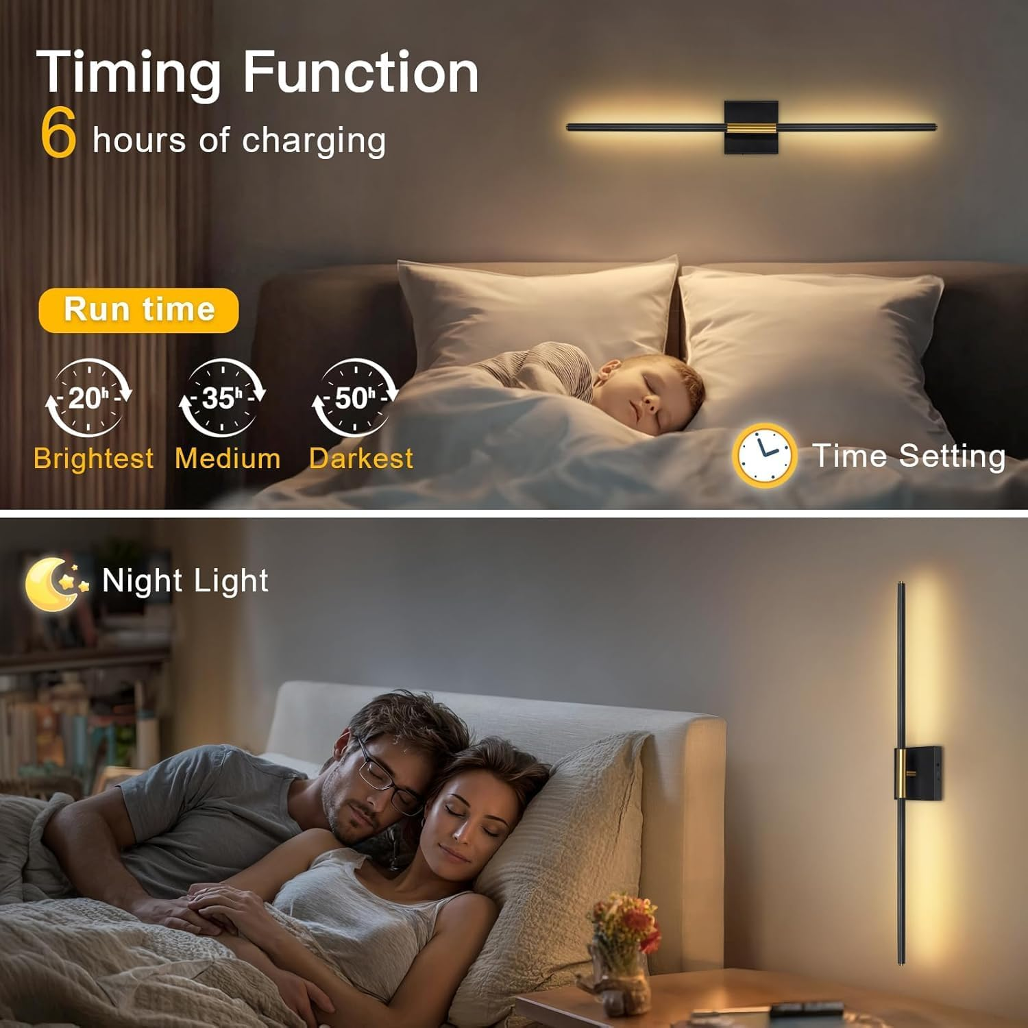 2 Pack Battery Operated Wall Sconces, Wireless 360&deg;Rotate Wall Sconces with Remote Control Dimmable Timing, LED 3 Color Rechargeable Wall Lights for Living Room, Hallway, Bedroom (Black A) image number 2