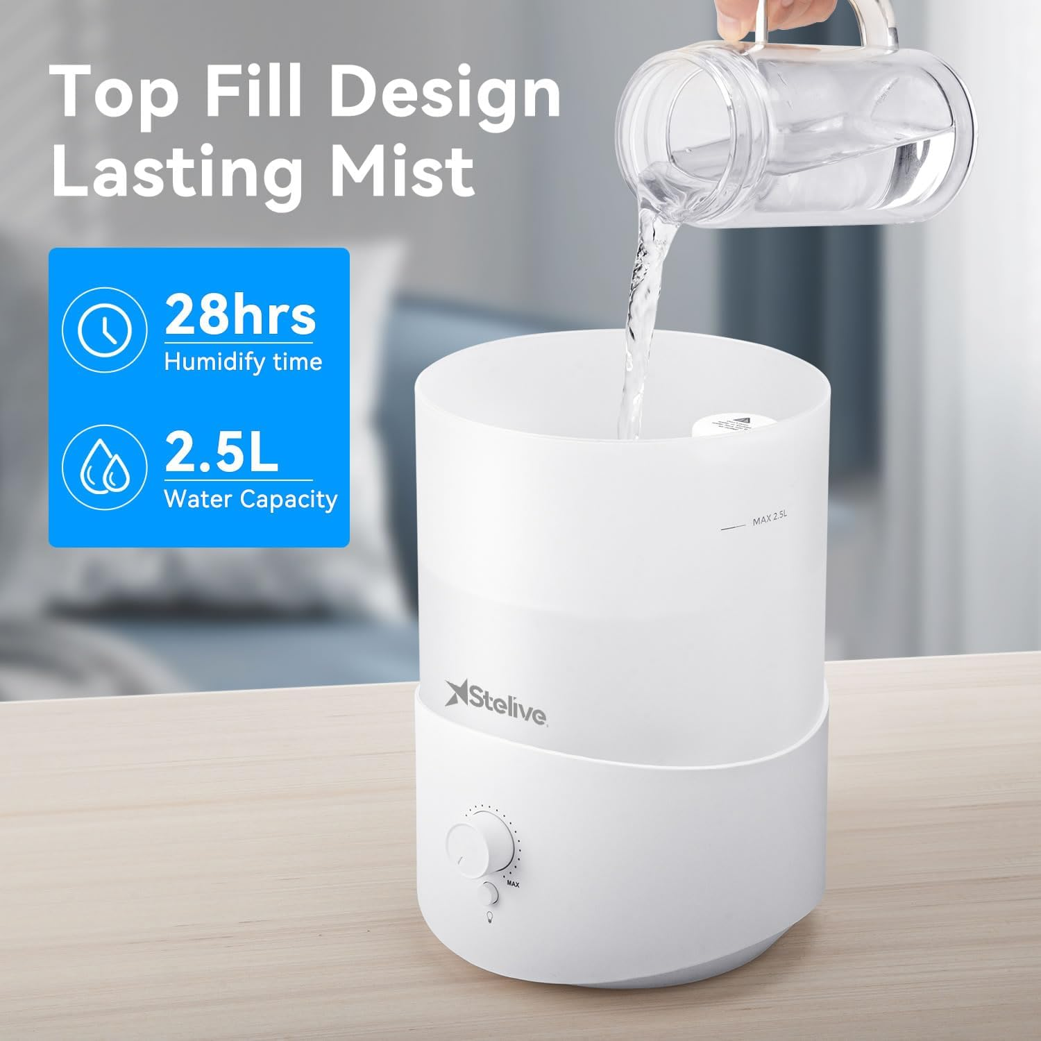 Stelive 2.5L Air Humidifier for Bedroom Baby Room, Cool Mist Humidifiers with 7 Color LED Light, 360&deg; Nozzle, Top Fill, Quiet Sleep Mode, Auto Shut Off, Humidifier, Oil Diffuser & Night Light 3 in 1 image number 1