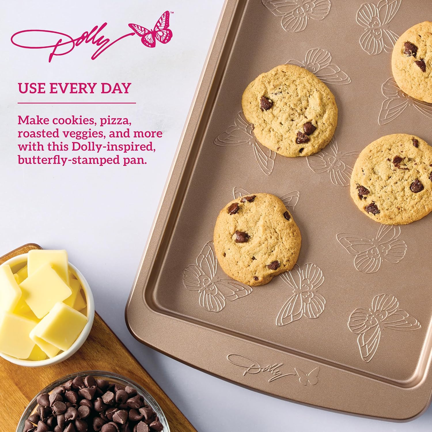 Dolly Parton Butterfly Stamp Small Baking Sheet &ndash; Carbon Steel Nonstick Bakeware with Textured Butterfly Design, Durable Rolled Rim, Oven Safe to 450F, Perfect for Cookies, Pastries and Pizza image number 4