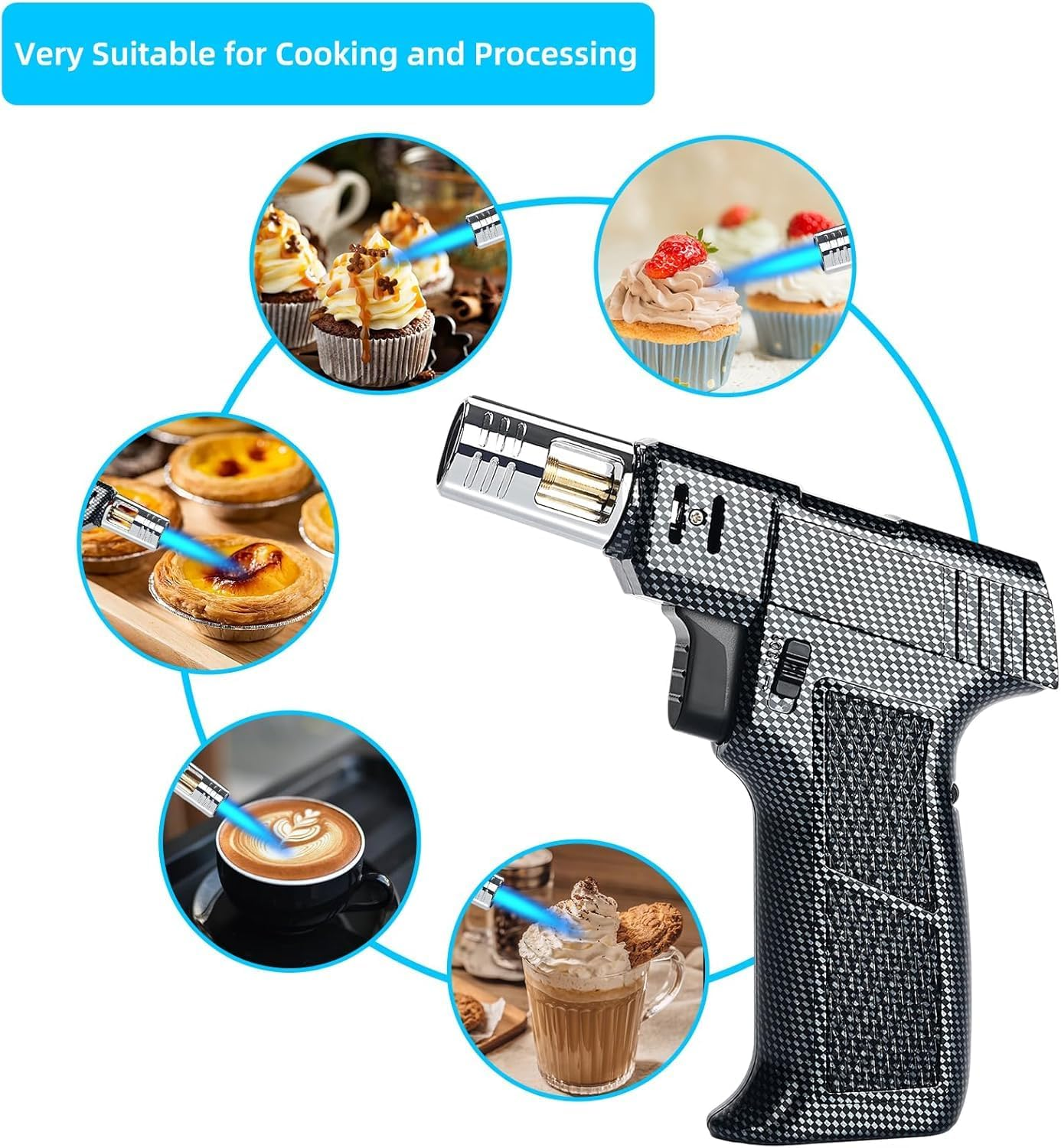 Windproof Torch Lighter,Adjustable Flame Refillable Butane Gas Lighter with Continuous Flame Lock,Kitchen Cooking Refillable Torch Lighter, Butane Gas Is Not Included (Fiber Black) image number 1