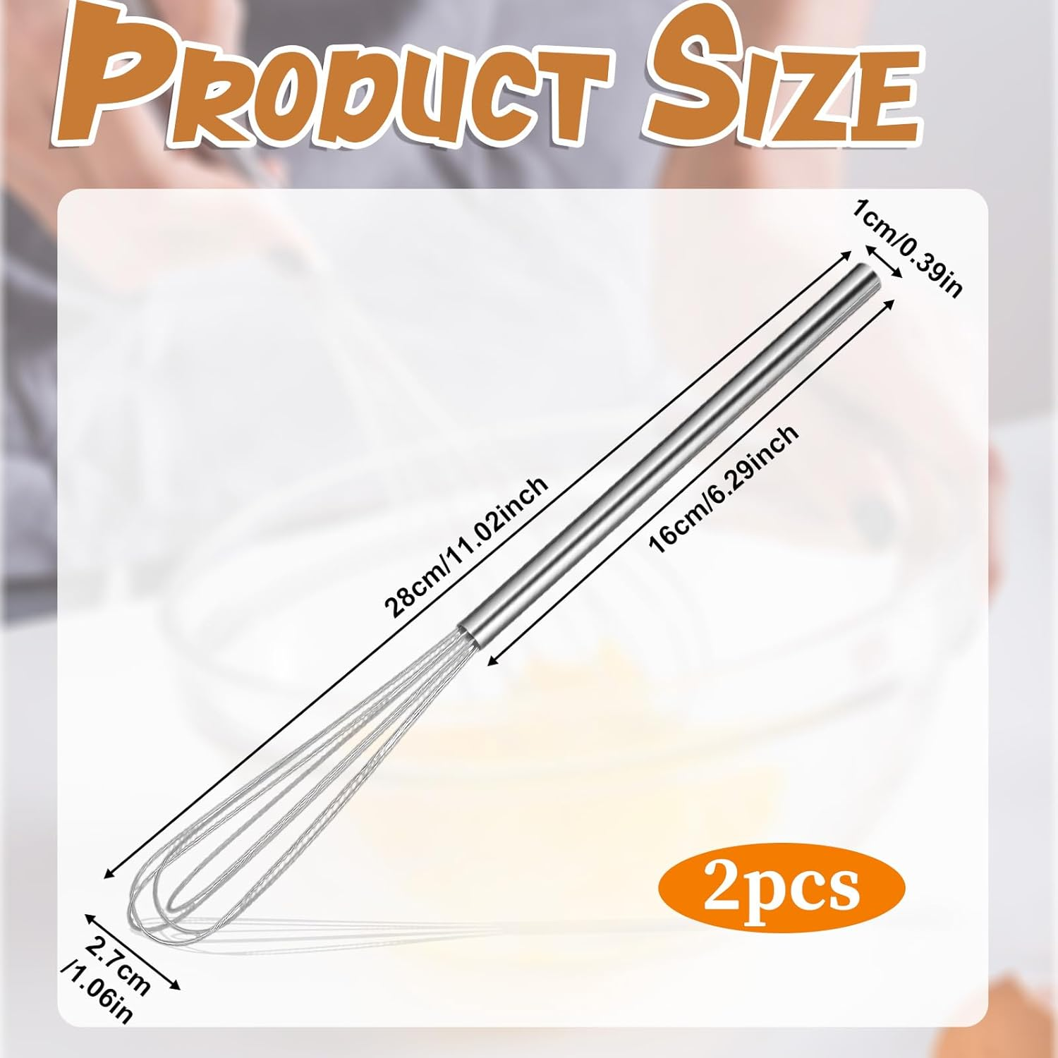 LIQWEI Pack of 2 Small Whisks, 28 Cm Long Manual Whisk, Small Whisk, Mini Stainless Steel Whisk for Can Stir Dough, Stirring, Protein, Beat, Butter, Stirring Cream, Whipping image number 5