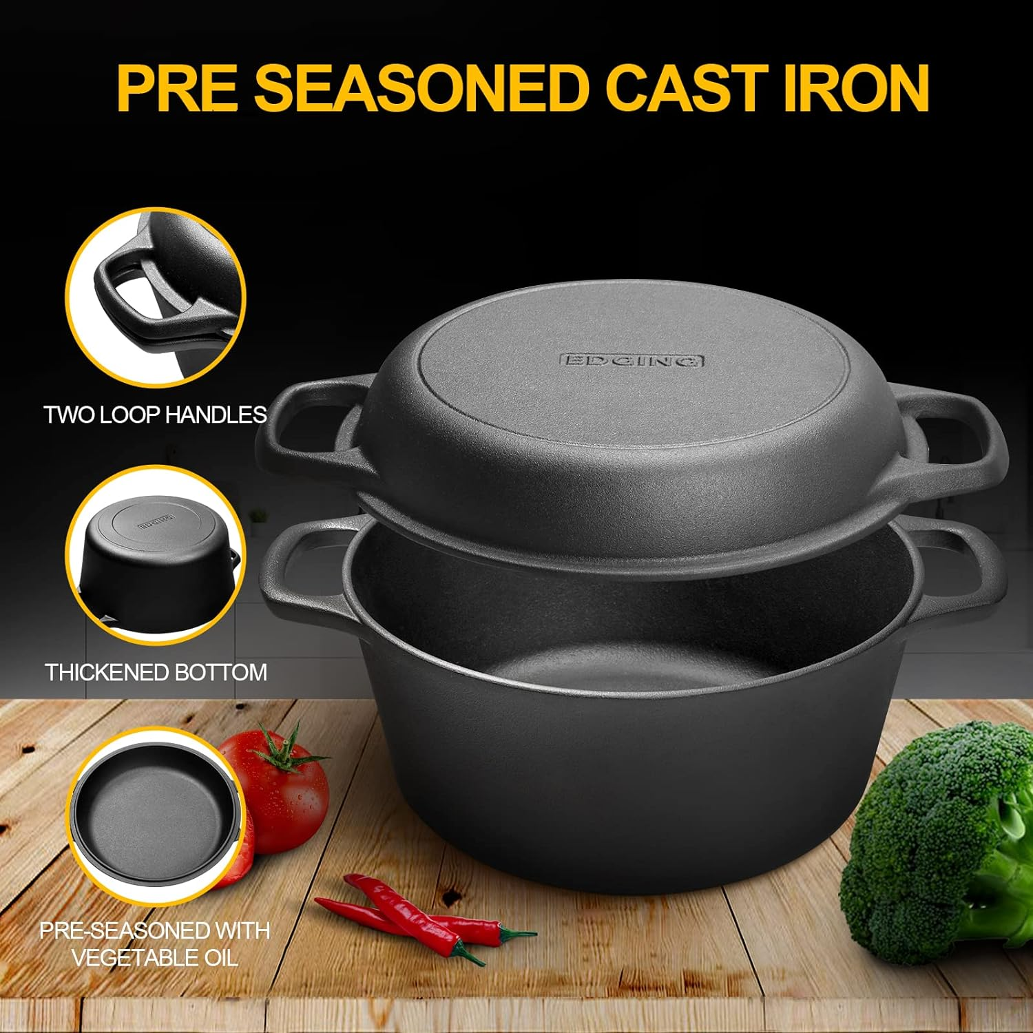 2-In-1 Pre-Seasoned Cast Iron Dutch Oven Pot with Skillet Lid Cooking Pan, Cast Iron Skillet Cookware Pan Set with Dual Handles Indoor Outdoor for Bread, Frying, Cooking, Baking,Camping,Bbq,5 QT image number 5