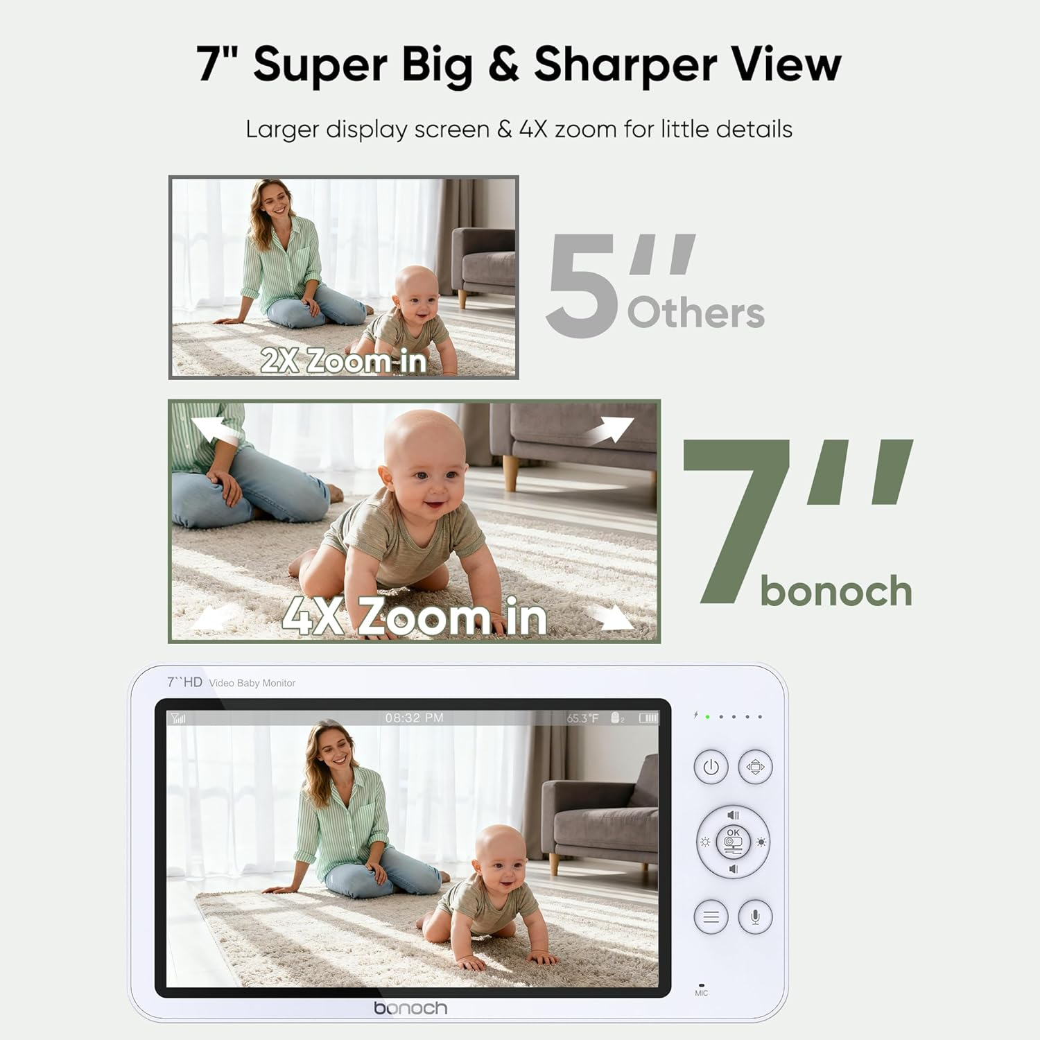 Bonoch 7" 1080P Baby Monitor with Camera and Night Vision, Video Baby Camera Monitor No Wifi with 6000Mah Battery, 2-Way Talk, Temperature, Hack Proof, Remote PTZ, 3 White Noise & 5 Lullabies image number 3