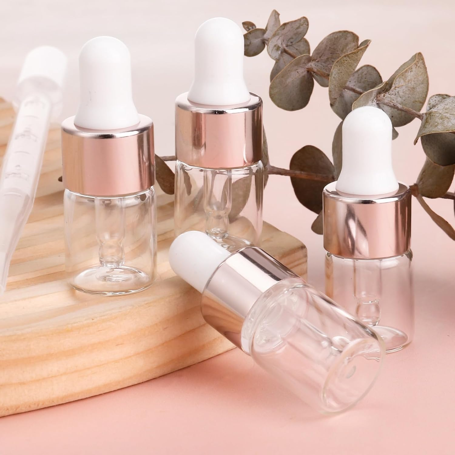 Dropper Bottle,30 Pack Mini Dropper Bottle for Cuticle Oil with 3 Dropper Pipettes, 2Ml Small Sample Essential Oil Dropper Bottles for Travel, Clear Empty Vails for Cosmetic Perfume（Rose Gold） image number 1