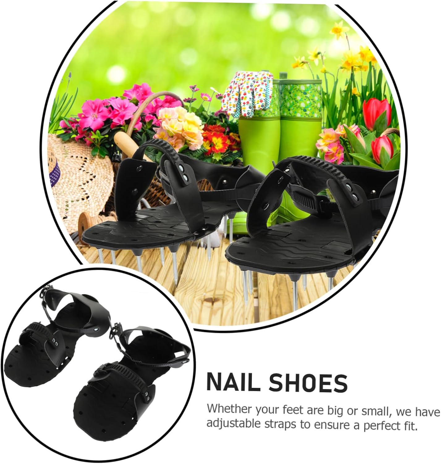BCOATH Lawn Aerator Shoes Gardening Spike Sandals for Grass Aeration Adjustable Straps Black Pu Leather Aerator Tool for Backyard and Garden Soil Oxygenation image number 5