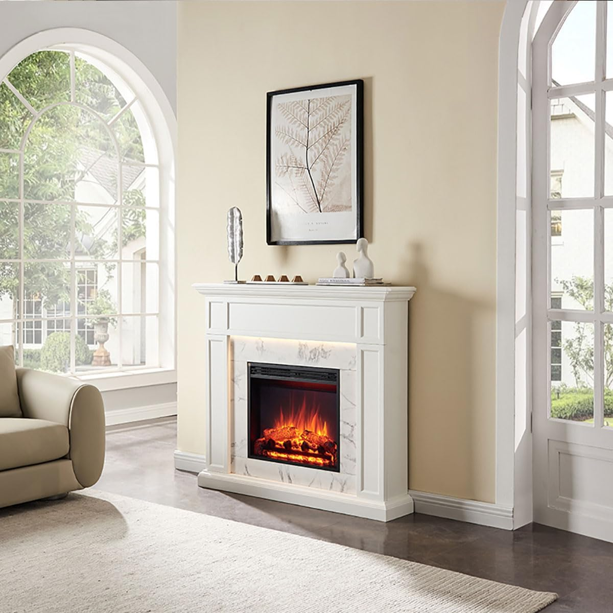 Modaliving Pearl 2000W Electric Fireplace Heater Mantel Suite Marble Veneer Finish Remote Control Timer Adjustable Flame (White) image number 3