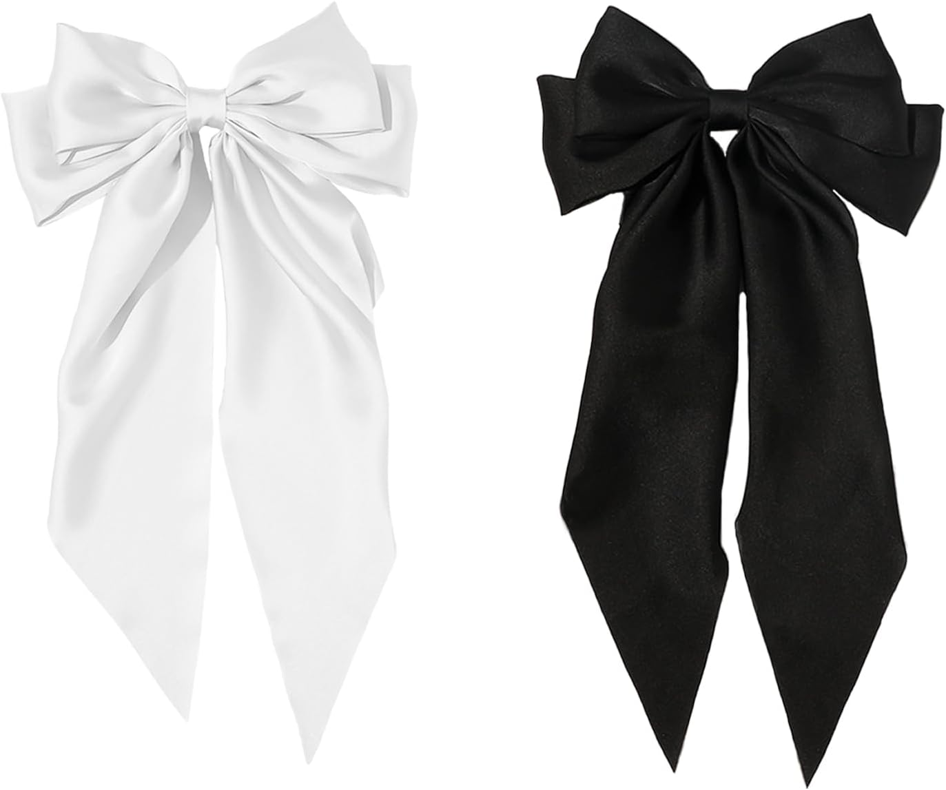 TRKETK 2 PCS Bow Hair Clips, Hair Accessories for Girls Solid Color Bowknot Hairpin French Barrette with Long Ribbon Hair Fastener Accessories Soft Satin Silky Hair Bows for Women Girls(Black+White) image number 2