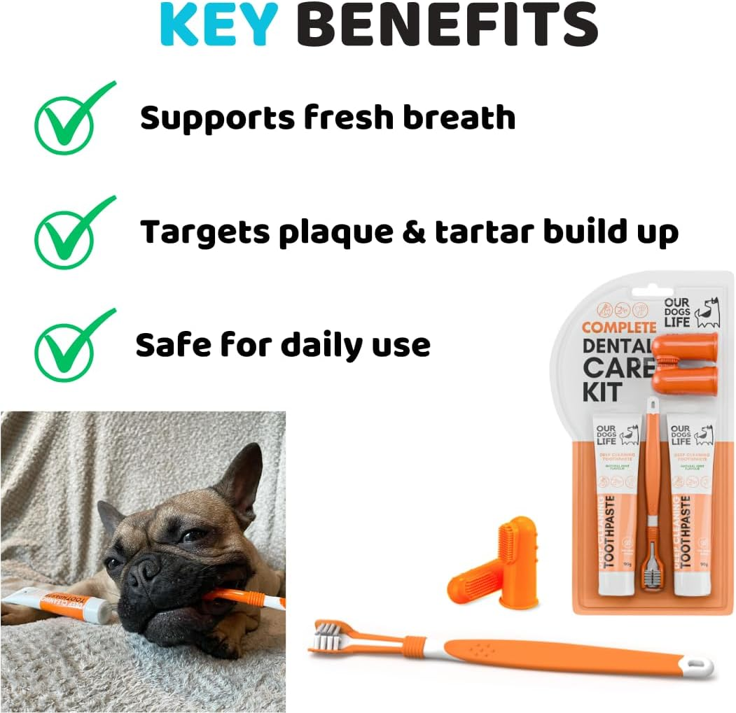 Dog Toothbrush with Toothpaste | Approved Dog Dental Kit | One Triple Headed Deep Cleaning Toothbrush for Dogs + Two 100% Natural Toothpaste + Two Finger Brushes | Freshen Breathe & Remove Plaque image number 1