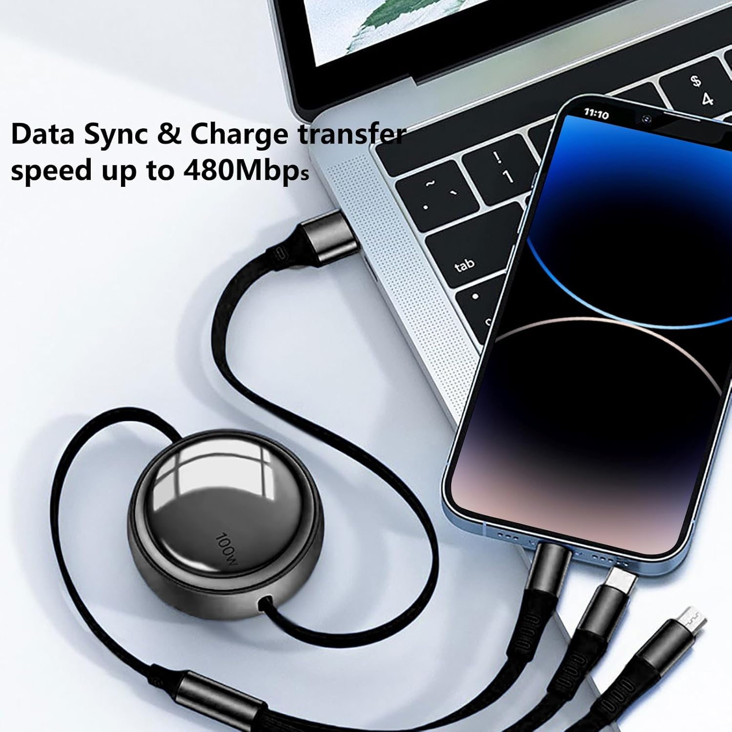 AMITOME 100W Retractable Multi 5 in 1 Fast Charging Cable,Usb A/USB C Cord with IP Port/Usb C/Micro USB Mfi Certified Charging Cord Compatible with Iphone 17 16 15 14 13 plus Pro Max Macbook-White - Black image number 5