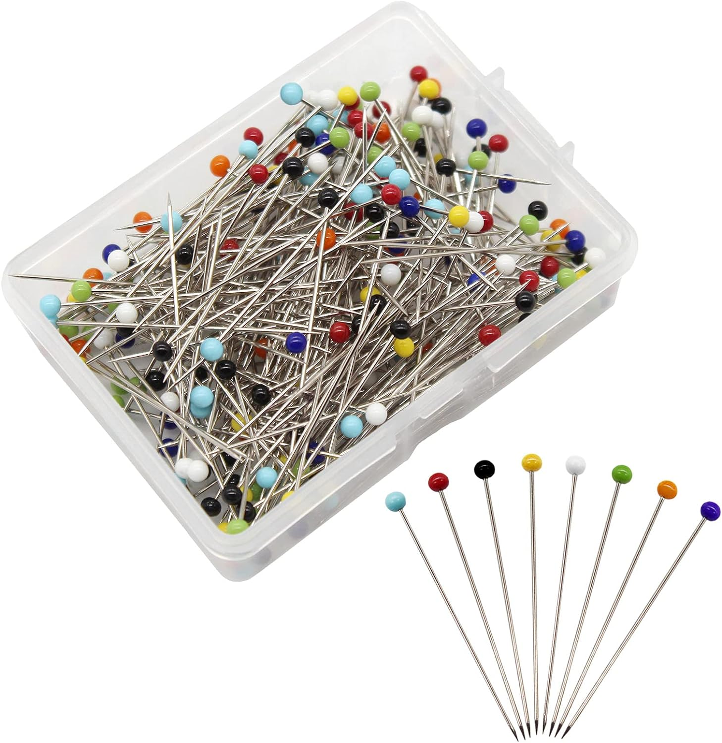 Benvo 250Pcs 1.5 Inch Sewing Pins with Glass Pearl Head Pins Straight Quilting Pins Multicolor Ball Head Pins with Hanging Plastic Contain Box for Fabric Dressmaker Jewelry Decoration