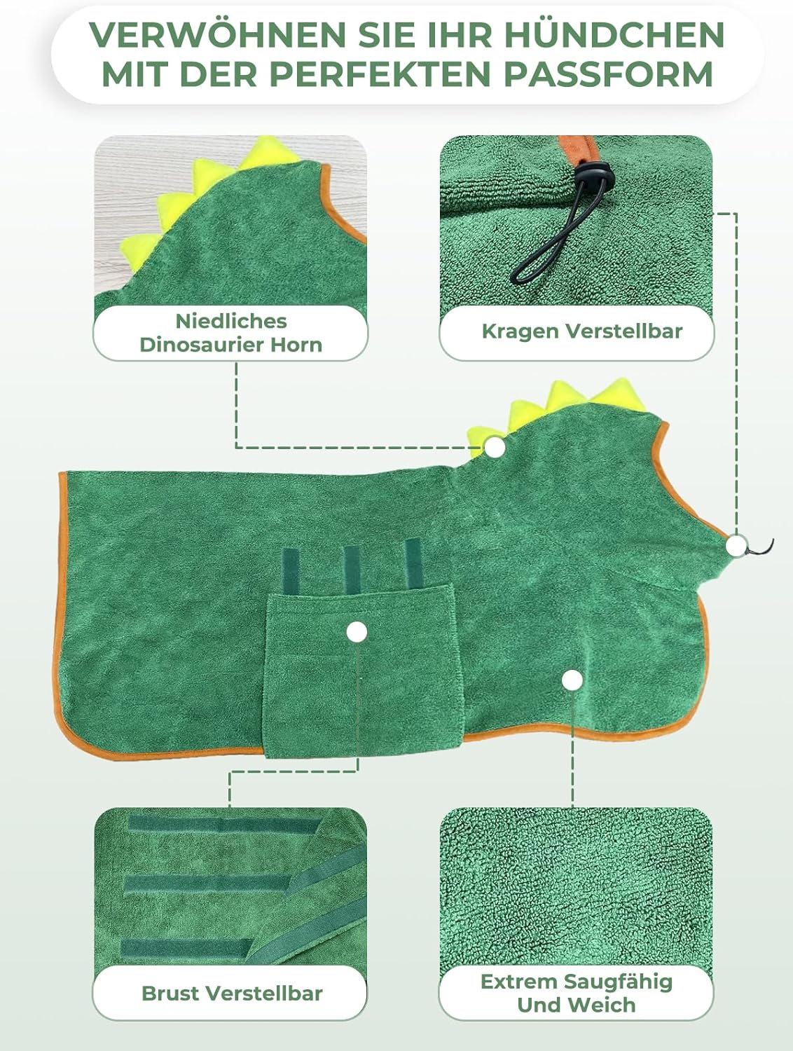 Dog Bathrobe, Quick Drying Microfibre Bath Towel, Bibykivn Adjustable Dog Towel with Velcro Closure, Absorbent Dog Bathrobe with Hat for Large Medium Dogs (S, Green)