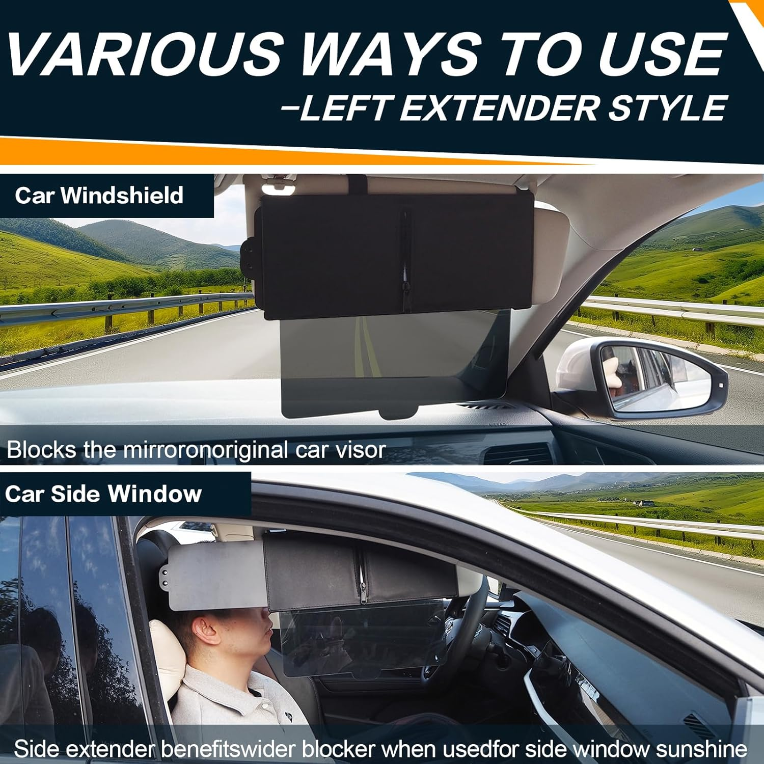 Sun Visor for Car, Universal UV400 Anti-Glare Polarized Sun Visor Extender for Right Seat, Car Adjustable Front/Side Sunshade Windshield Driving Visor Blocker with Polycarbonate Lens image number 1