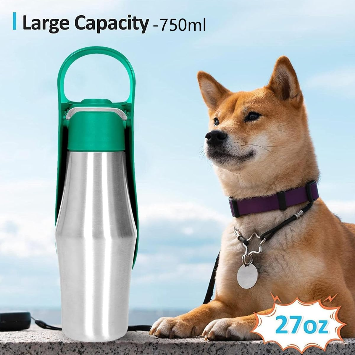 AIMALL Portable Stainless Steel Pet Water Bottle &ndash; 12In Outdoor Travel Dog Water Cup with PP Lid for Cats and Dogs, Leakproof Kettle for Hiking and Walking, Green image number 4