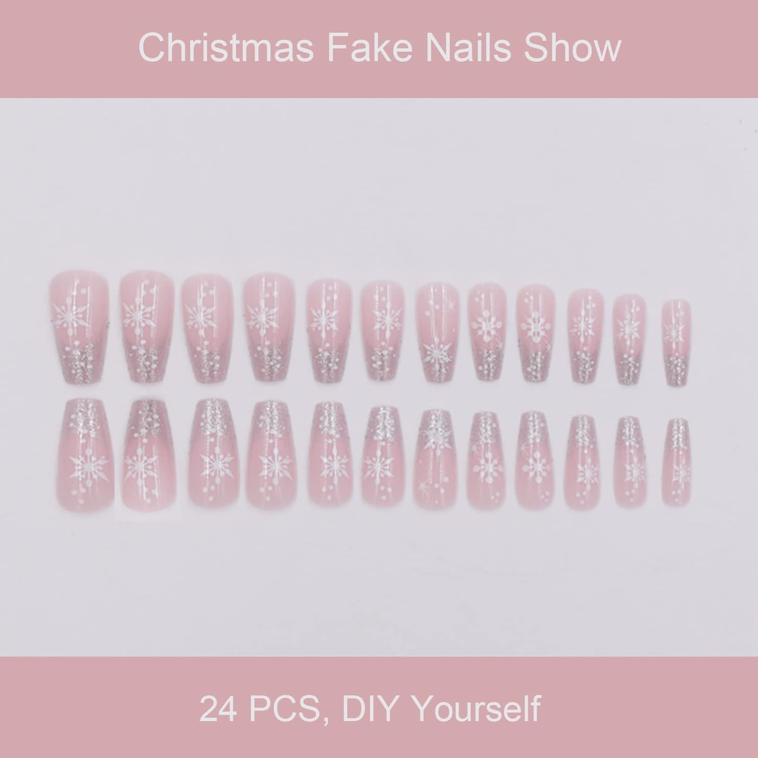 24-PCS Christmas Press on Nails Medium Fake Nails Snowflake Pattern False Nails Silver Glitter Fake Nails Glossy False Nails Full Cover Acrylic Nails for Women & Girls image number 4