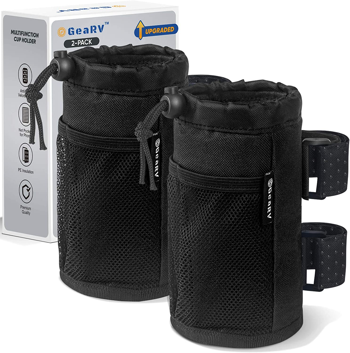 GEARV 2-Pack Bar Cup Holder for Stroller, Golf Cart and Wheelchair; Universal Cup Holders for UTV/ATV, Car, Scooter, Boat; Drink Holder Accessories with Net Pocket and Cord Lock (Black)