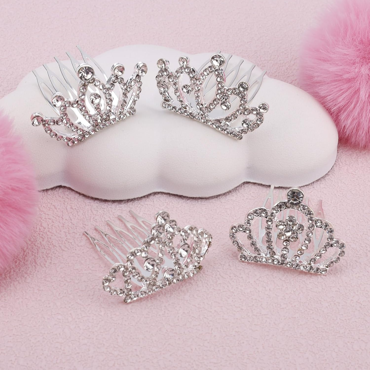 4Pcs Small Crowns, Zinc Alloy Rhinestone Mini Princess Crown Hair Clip Silver Shiny Hair Accessories for Women Birthday Wedding Cake Decoration Princess Costume Halloween image number 3