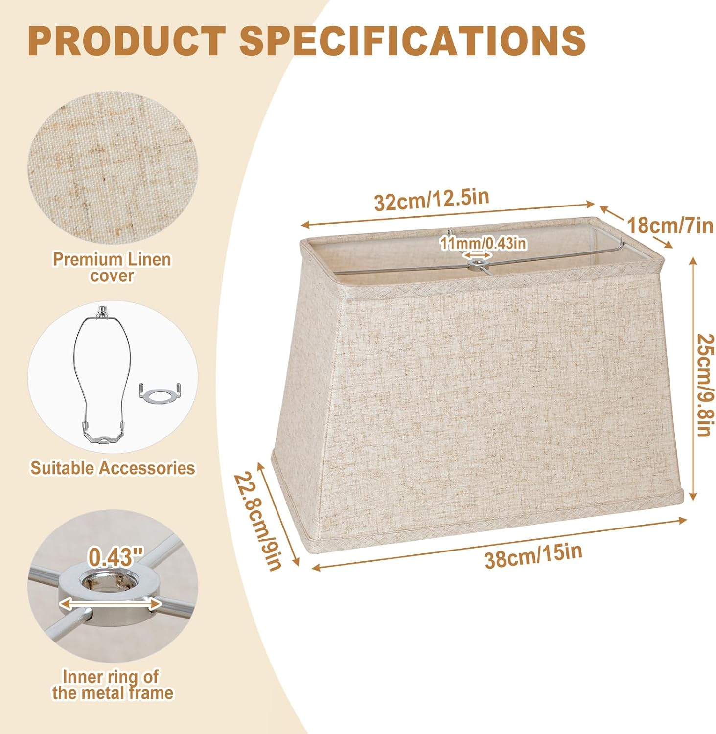 Square Lamp Shade, Large Beige Linen Lampshade, Top 7"X12.5", Bottom 9"X15", Height 9.8", Rectangular Lamp Shade With1 Shade Bracket,2 Adapters, Fits Table,Floor and Wall Lampshade, Easy Install