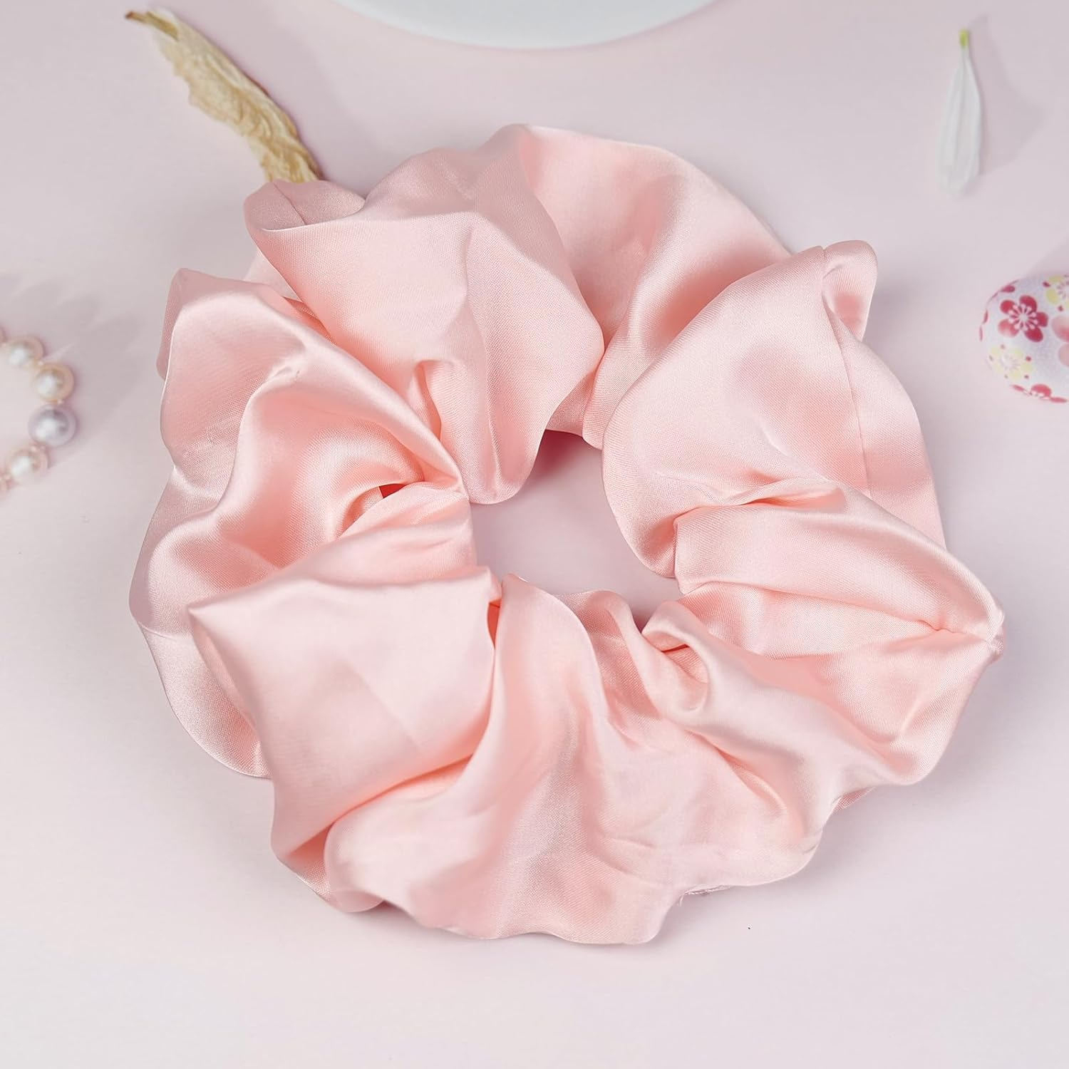 Oversized Satin Scrunchies for Women - 2 Pack Extra Large Hair Ties Accessories, Big Silk-Like Ponytail Holders, No-Damage Elastic Bands for Thick Curly Hair, Light Pink image number 5