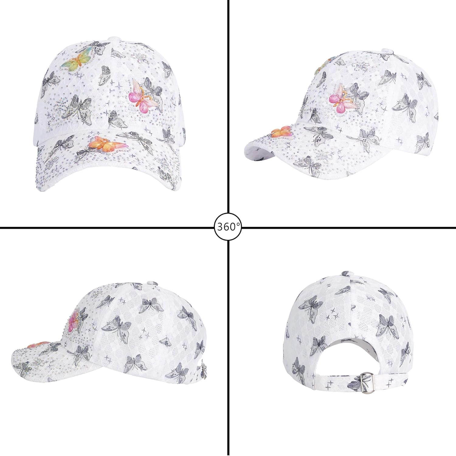 Meliyya Mesh Baseball Cap Rhinestone Butterfly Baseball Cap Summer Sequins Shield Cap Men Women One Size Adjustable - A08228-White image number 3