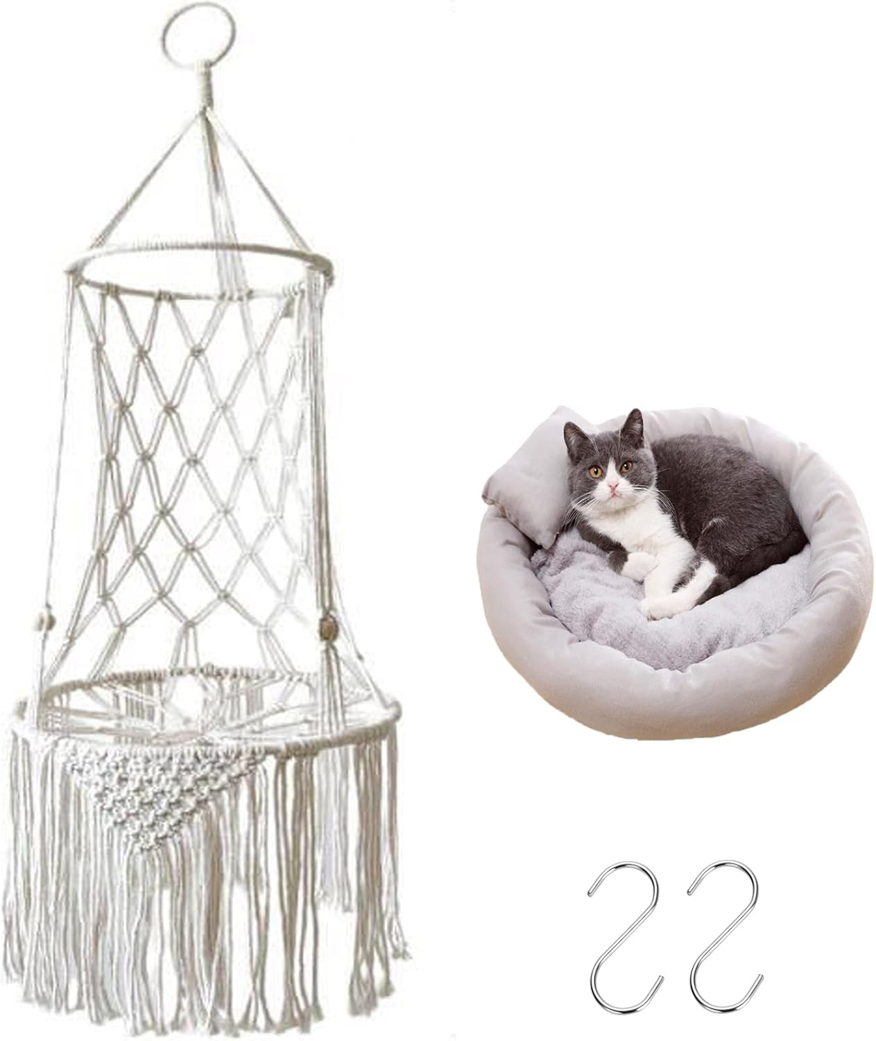 3 PCS Cat Hammock,Boho Hanging Cat Perch with Cat Sofa and Hook,For Cats inside and Outside,Suppleness Cats Swing for Sleeping,Playing (White) image number 5