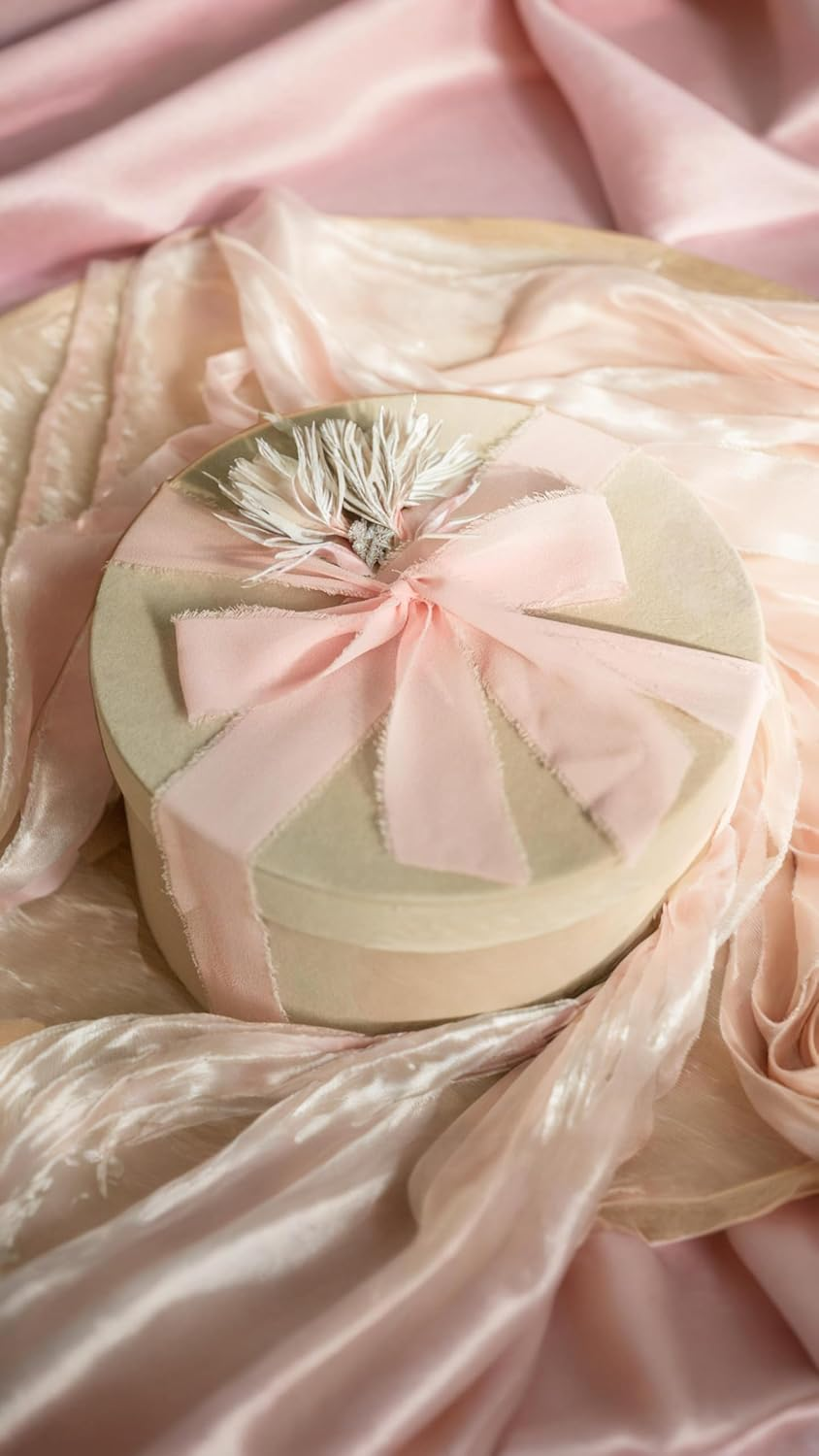 Honwor Handmade Fringe Ribbon Bundle - 2 Rolls, 4Cm X 5M Pink Chiffon & Rose Pink Cotton, for Elegant Wedding Decor, Gifts & DIY Crafts